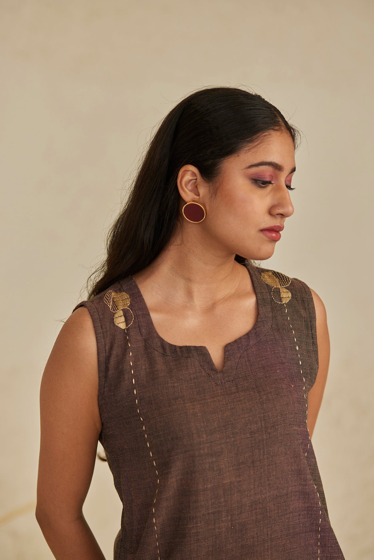 Brown Cut Sleeves Cotton Kurta with White khaddar Pants
