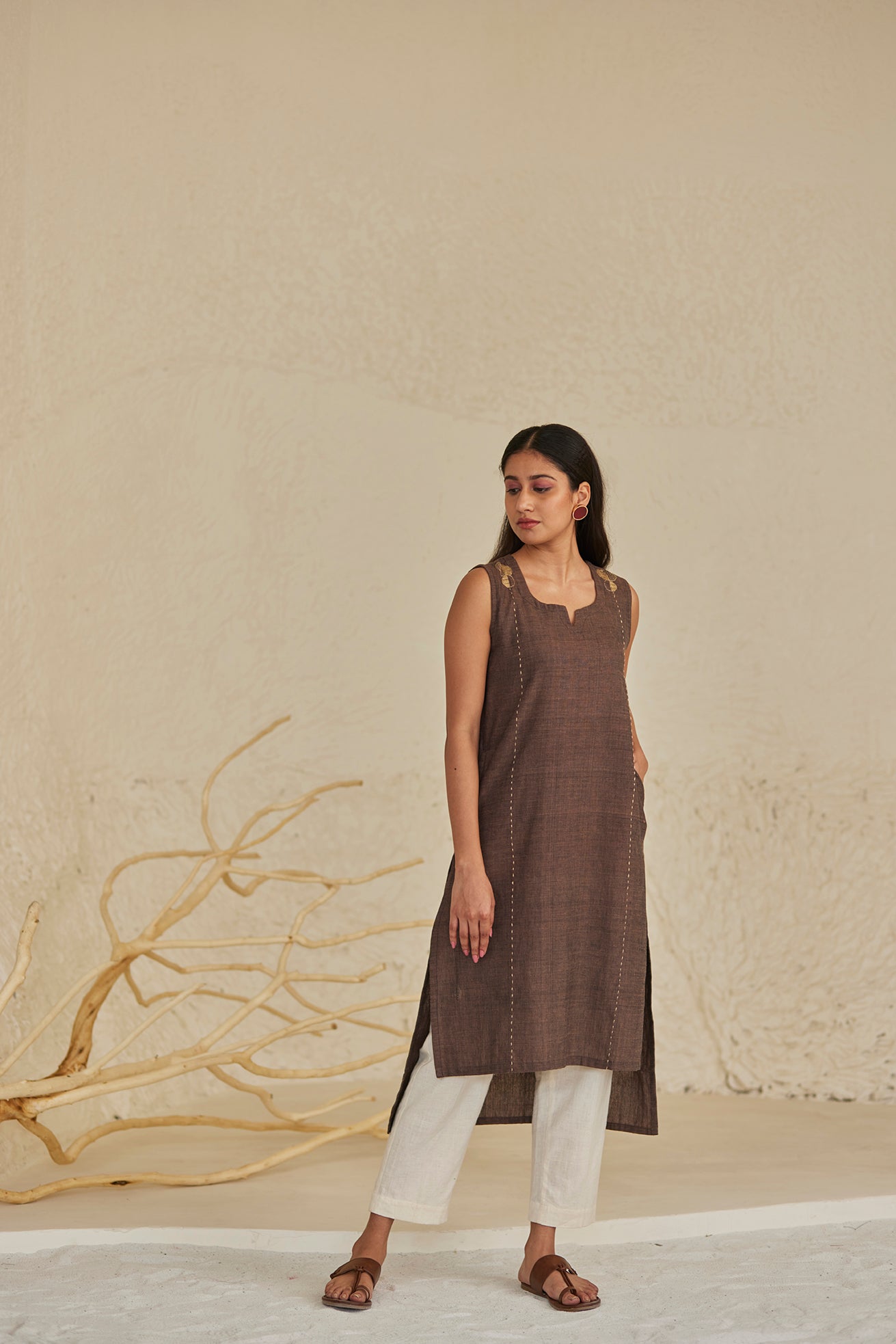 Brown Cut Sleeves Cotton Kurta with White khaddar Pants