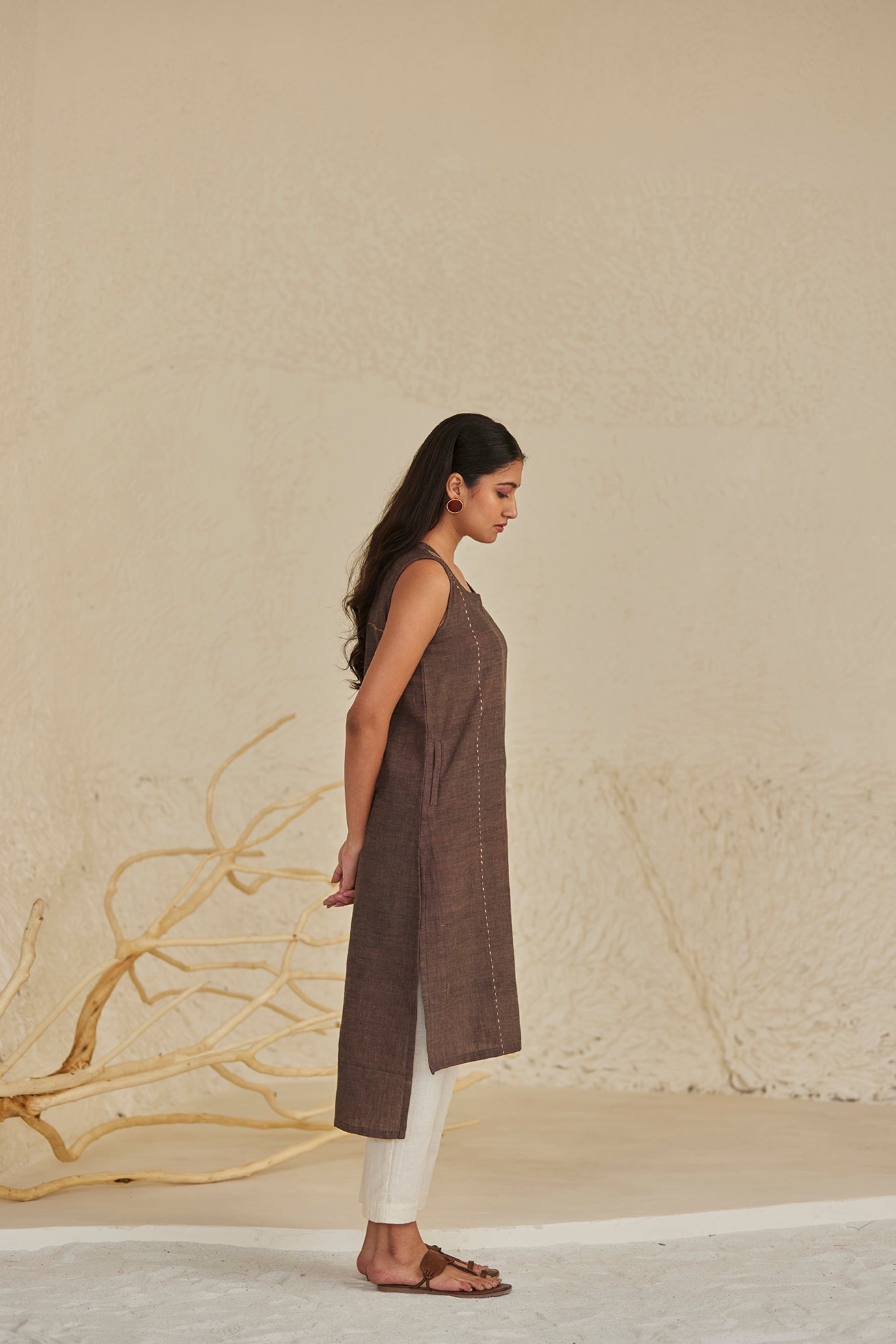 Brown Cut Sleeves Cotton Kurta with White khaddar Pants