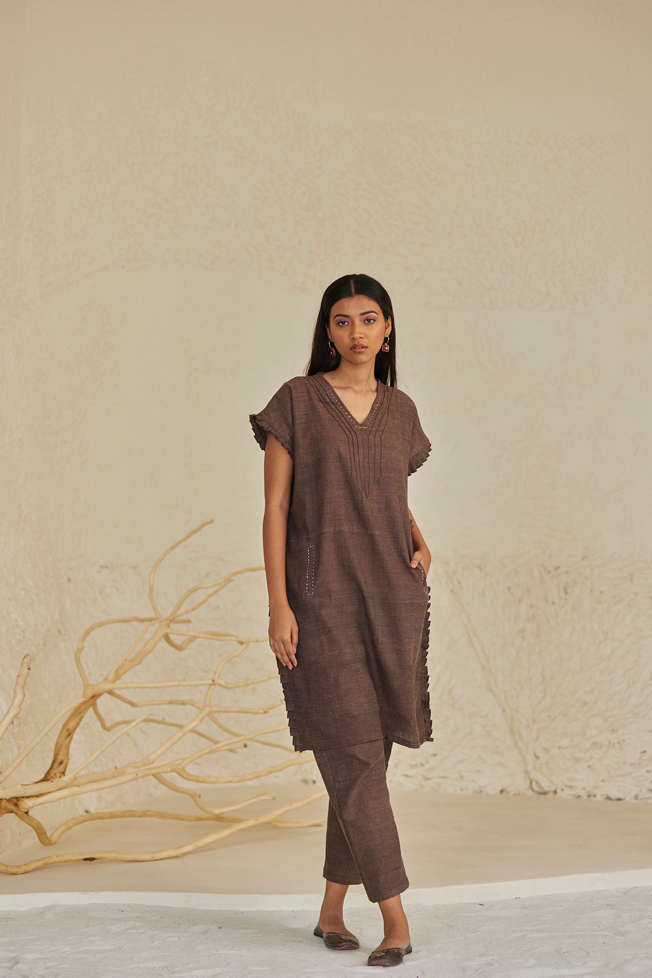 Brown Cotton Ruffles Detailed Kaftan with Pants