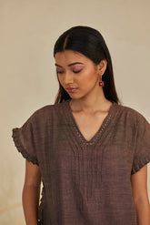 Brown Cotton Ruffles Detailed Kaftan with Pants