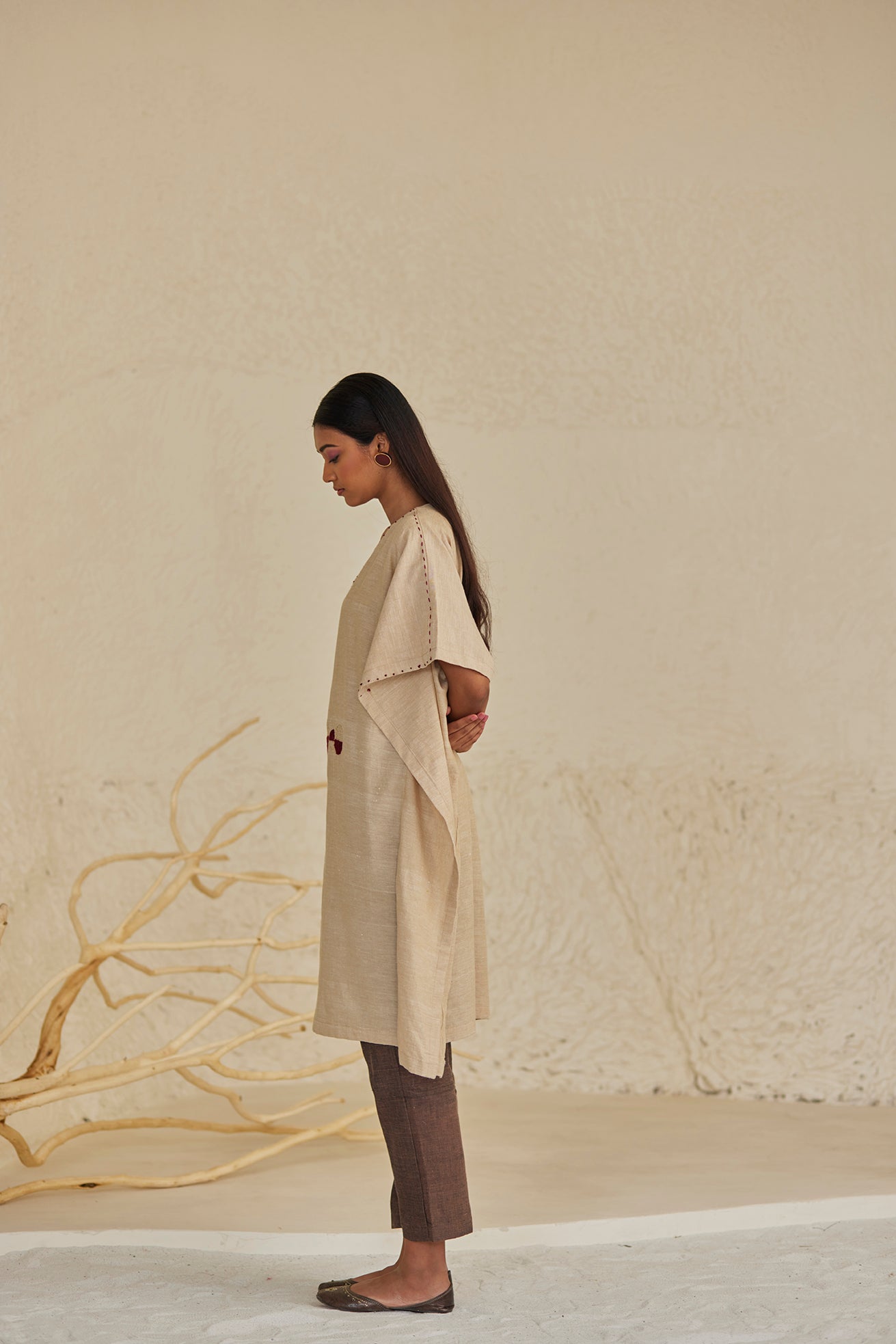 Beige Cotton Handwork Kaftan Kurta with Pants