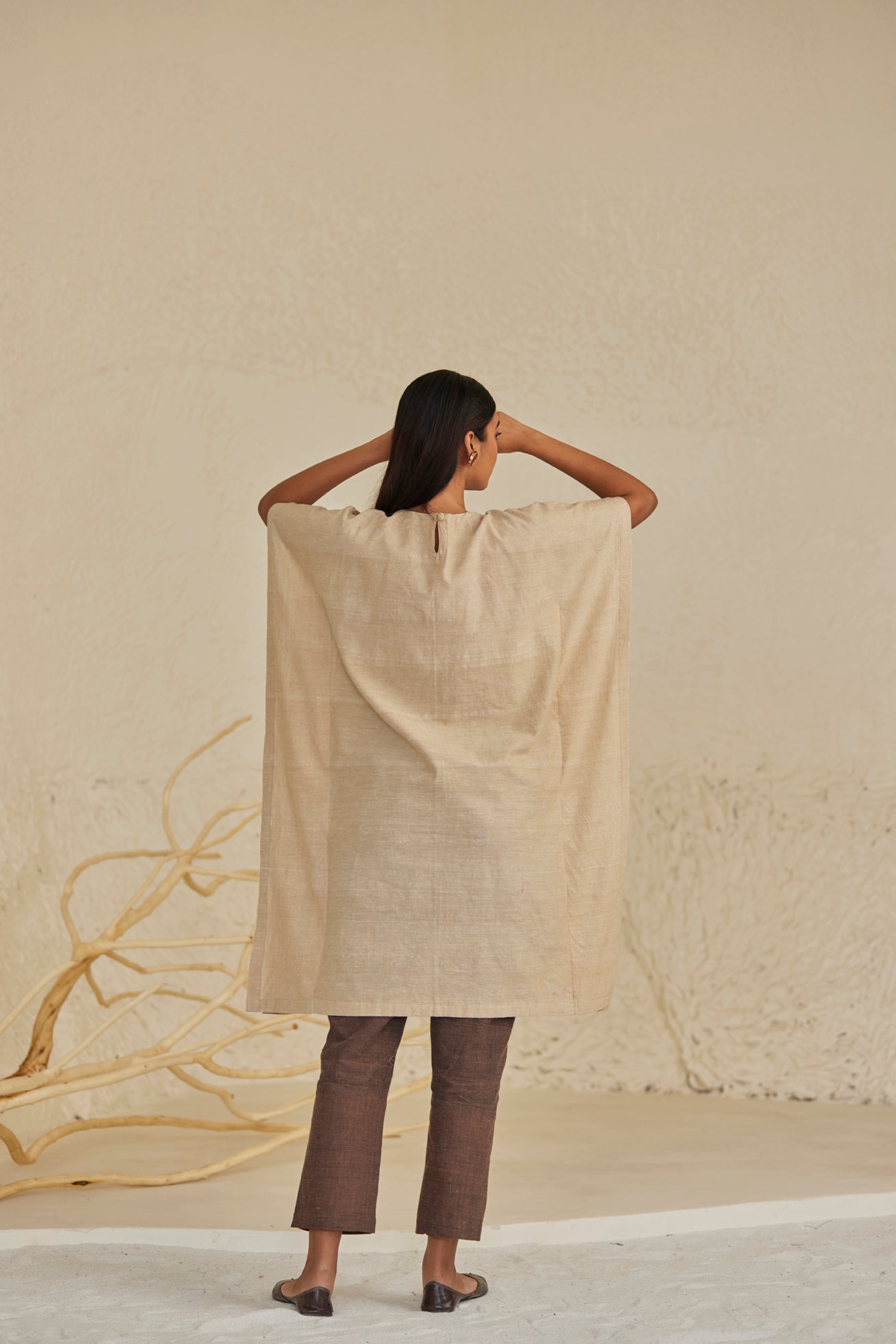 Beige Cotton Handwork Kaftan Kurta with Pants