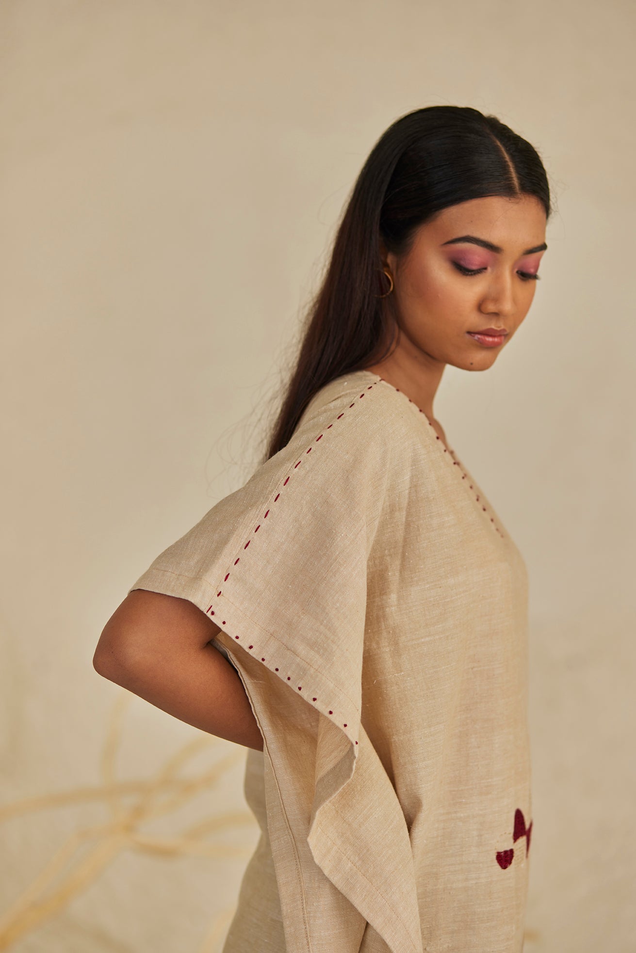 Beige Cotton Handwork Kaftan Kurta with Pants