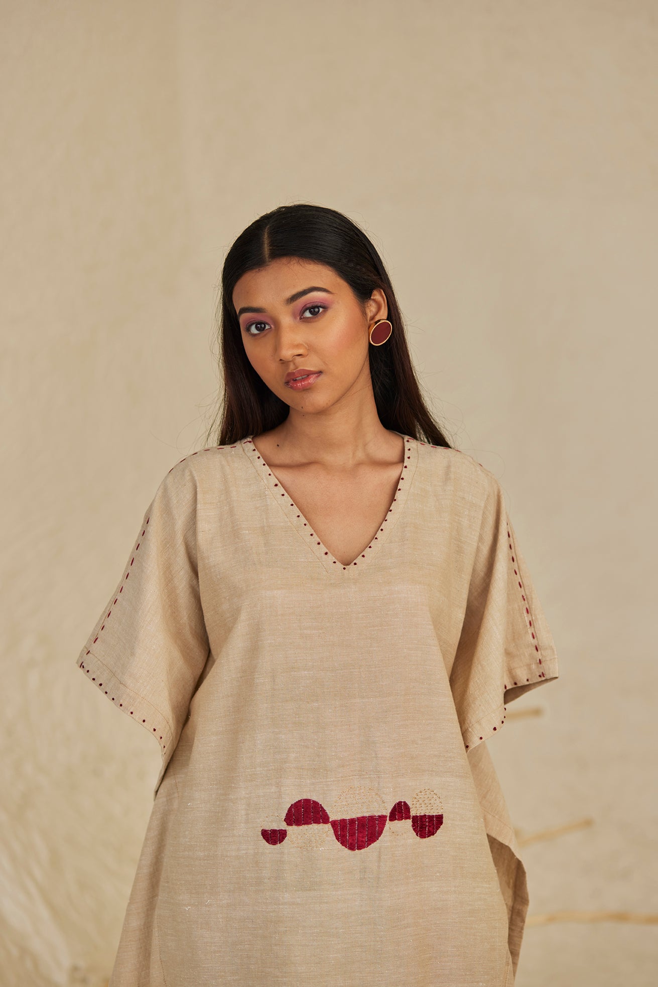Beige Cotton Handwork Kaftan Kurta with Pants