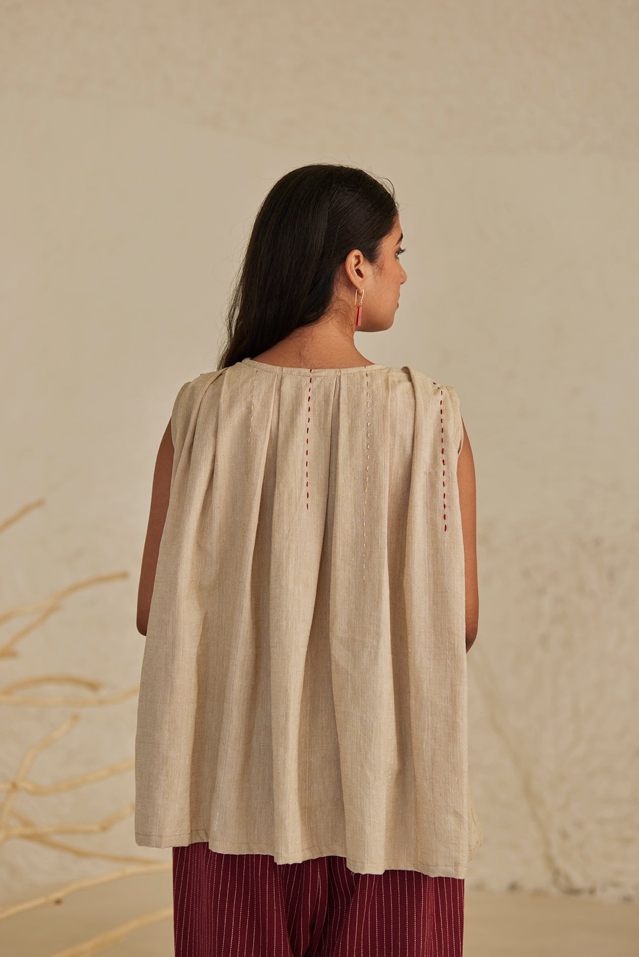 Beige Embroidered Cotton Top with Red Stripe Pants