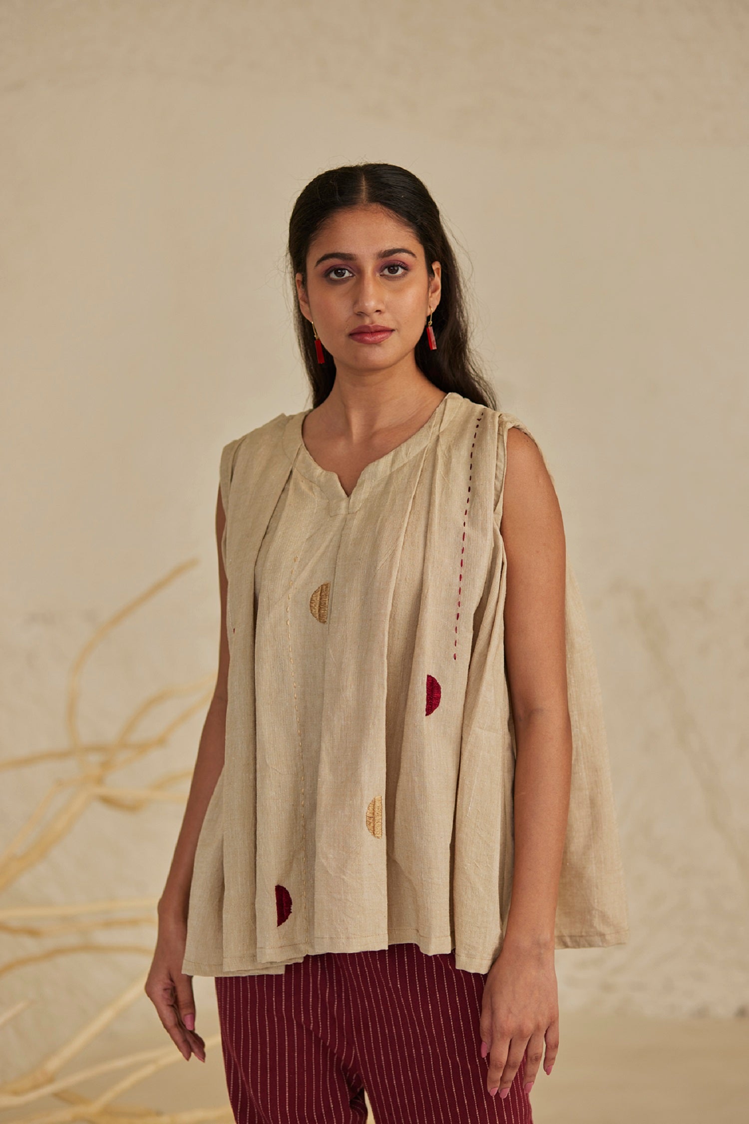 Beige Embroidered Cotton Top with Red Stripe Pants