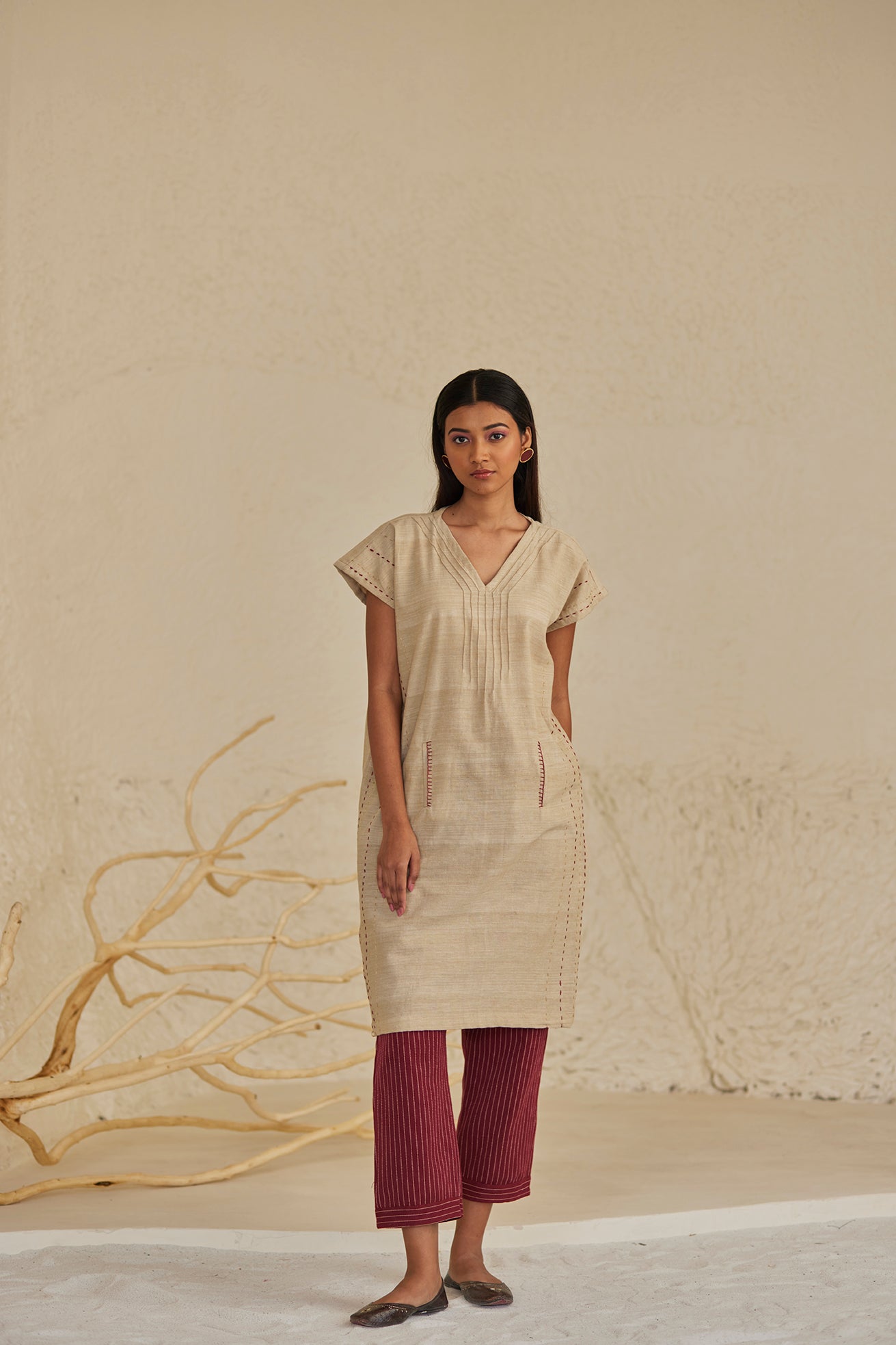 Beige Phulkari Kurta with Red Stripe Pants