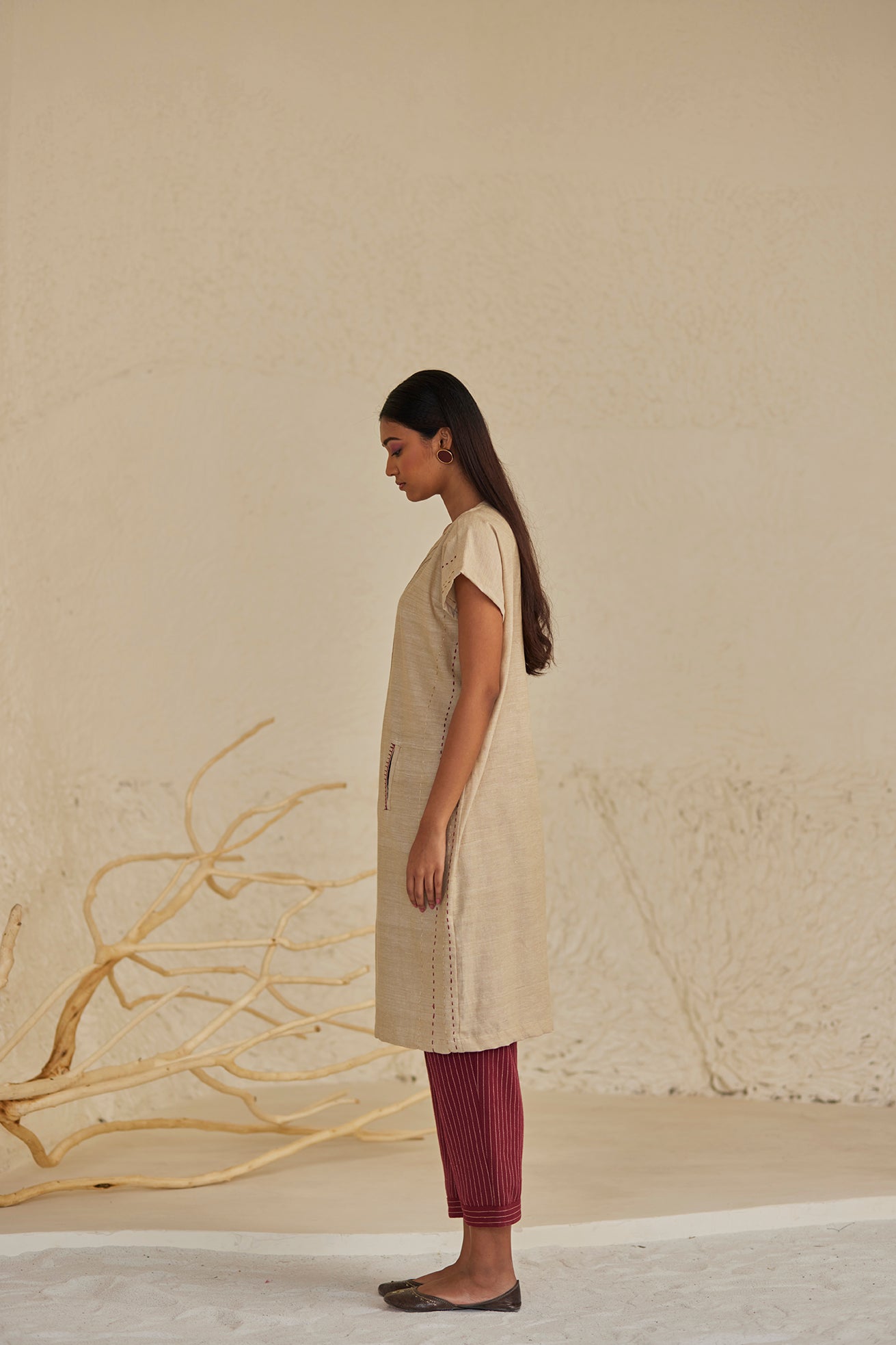 Beige Phulkari Kurta with Red Stripe Pants