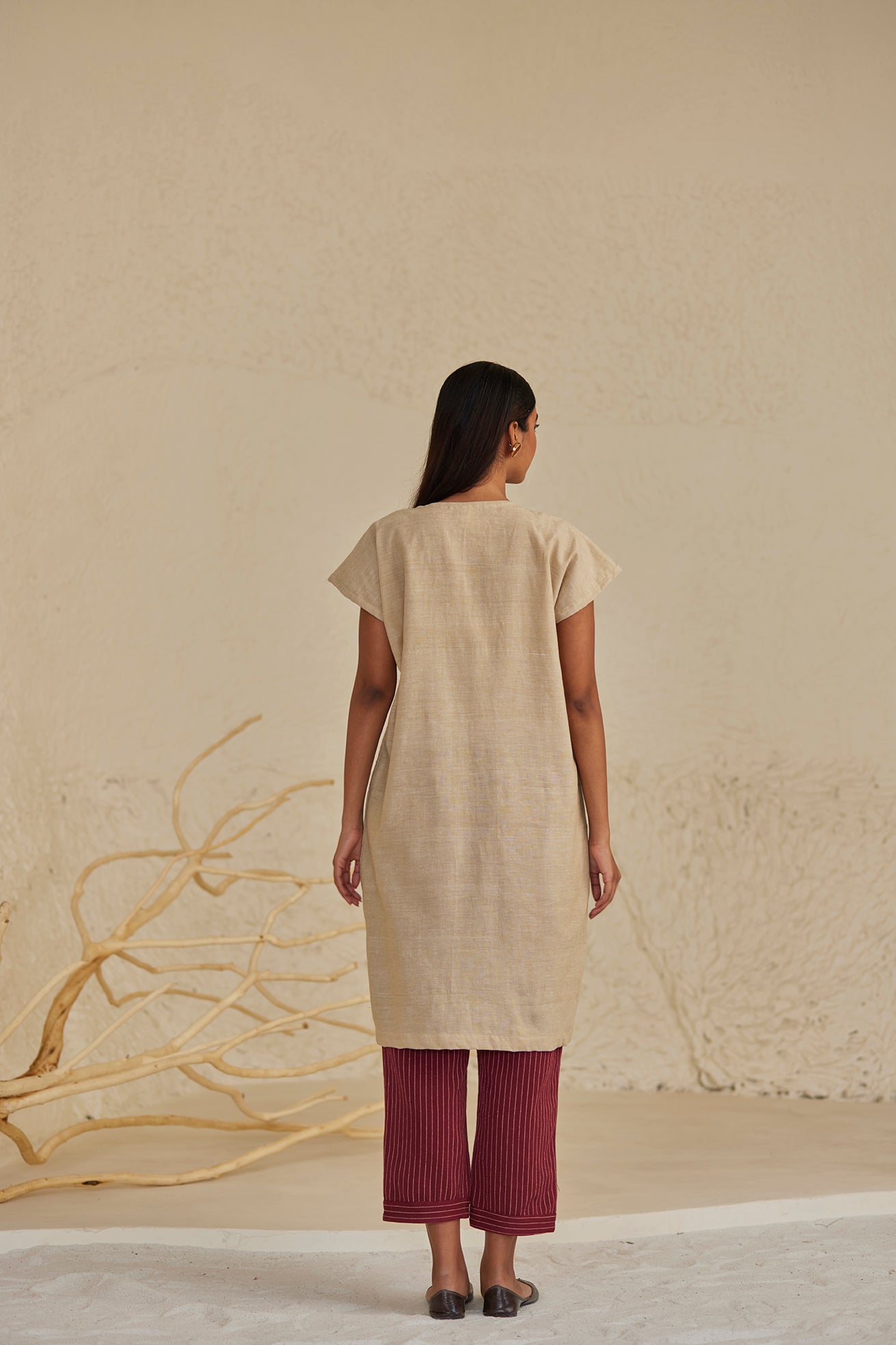 Beige Phulkari Kurta with Red Stripe Pants