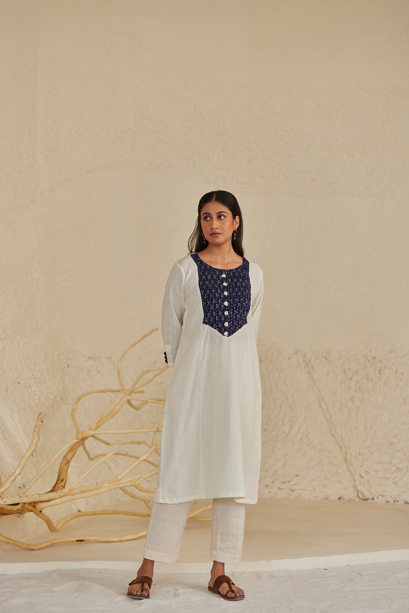 White Cotton Straight Kurta with Ikat Panel Set