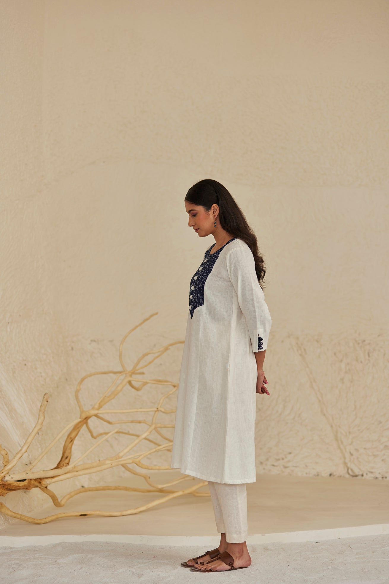 White Cotton Straight Kurta with Ikat Panel Set