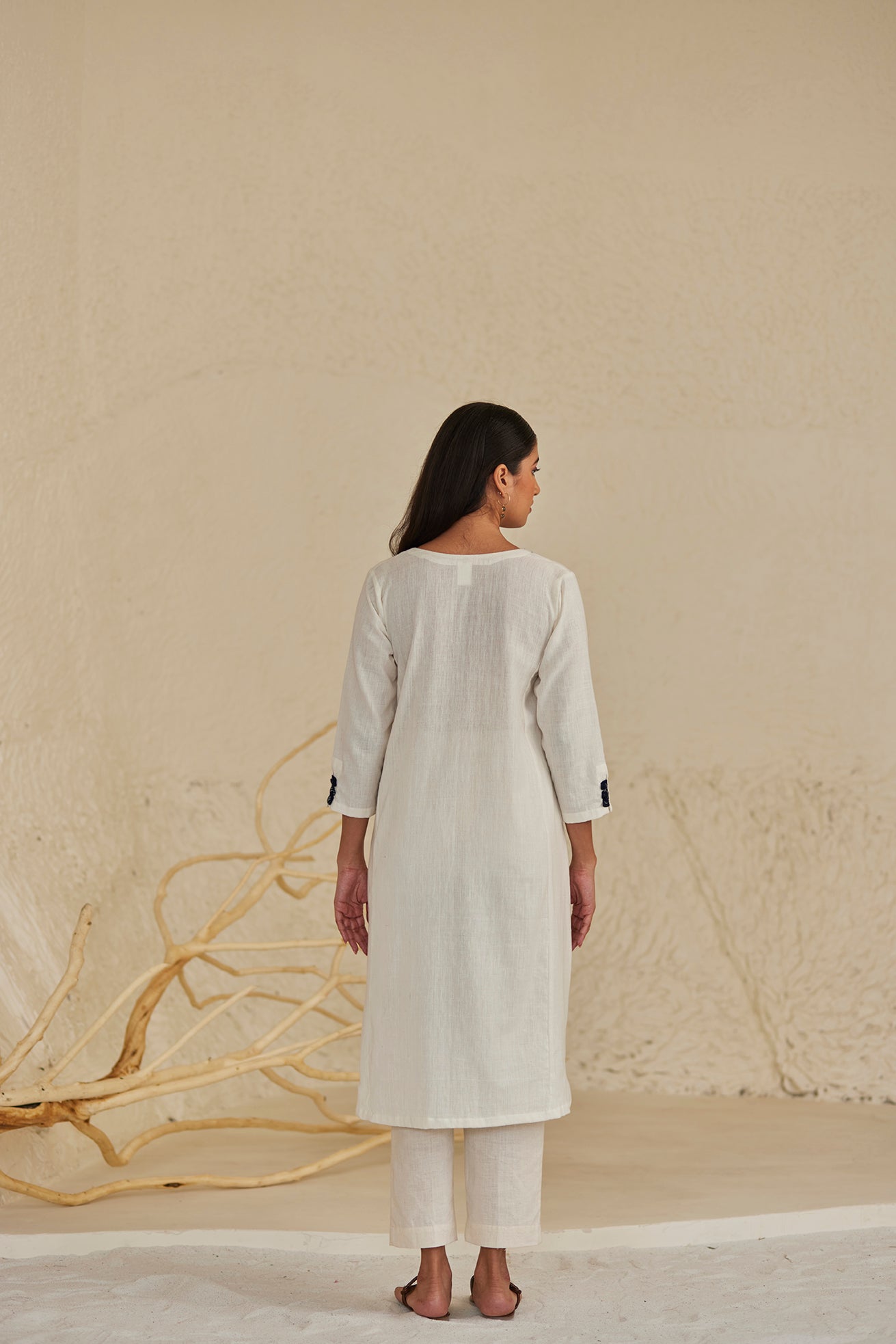 White Cotton Straight Kurta with Ikat Panel Set