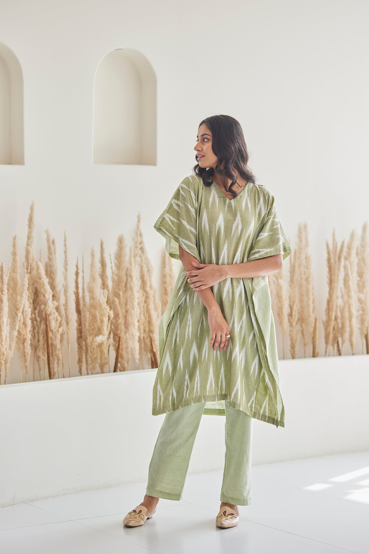 Detailed Embroidery Ikat Cotton Kaftan Set