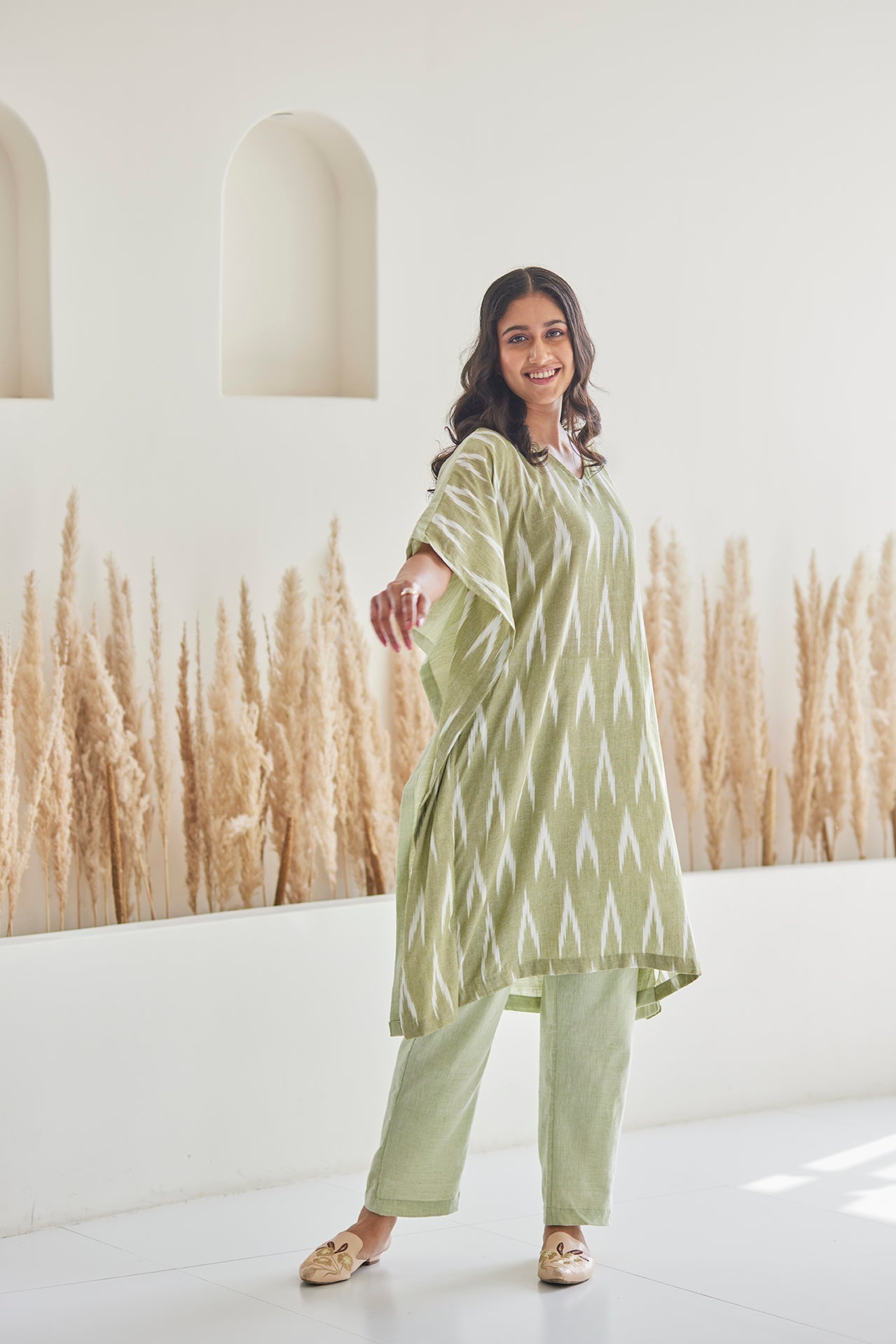Detailed Embroidery Ikat Cotton Kaftan Set