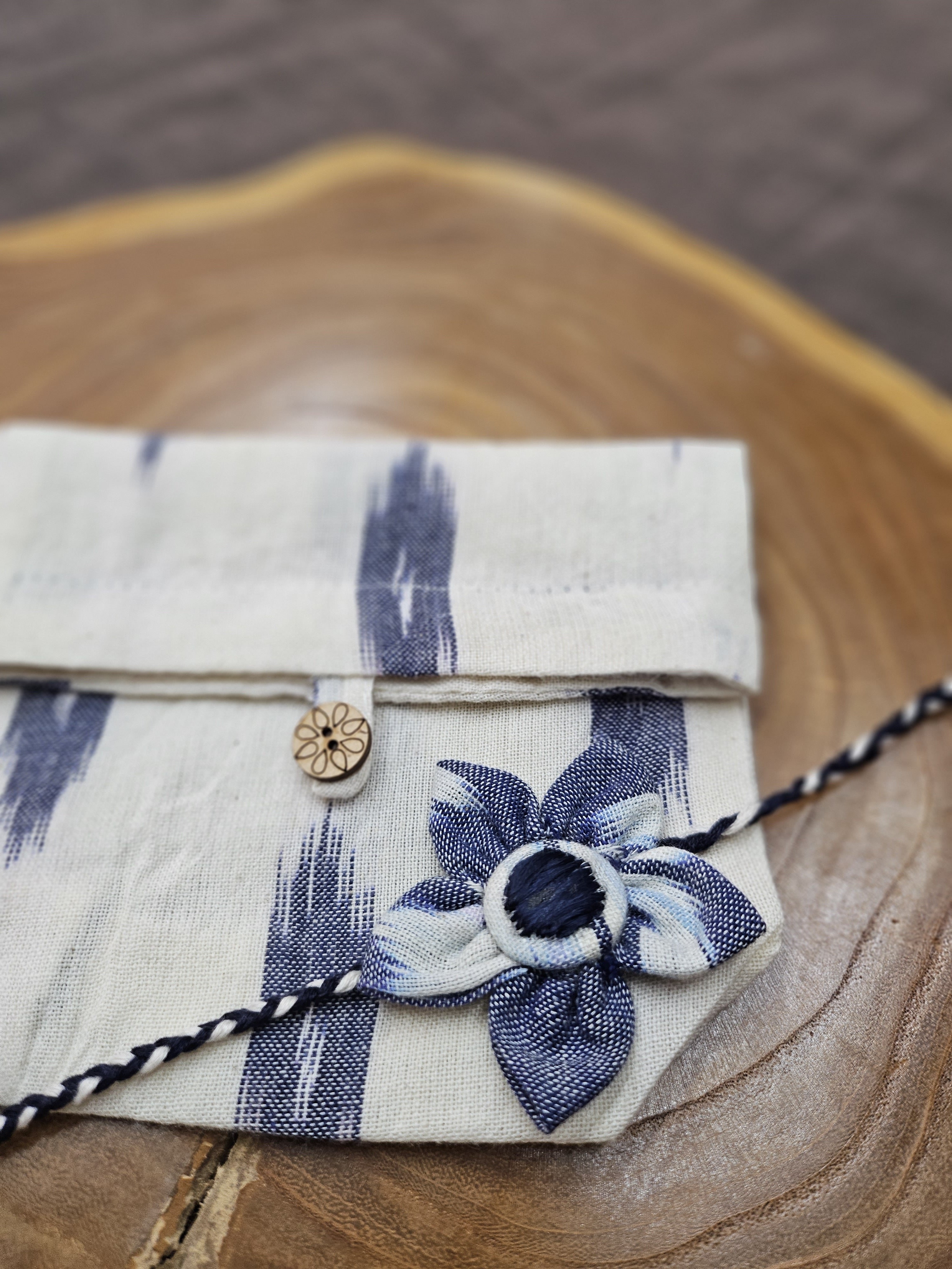 Dark Blue Phulkari Flower Rakhi & Upcycled Ikat Pouch (Set of 2)