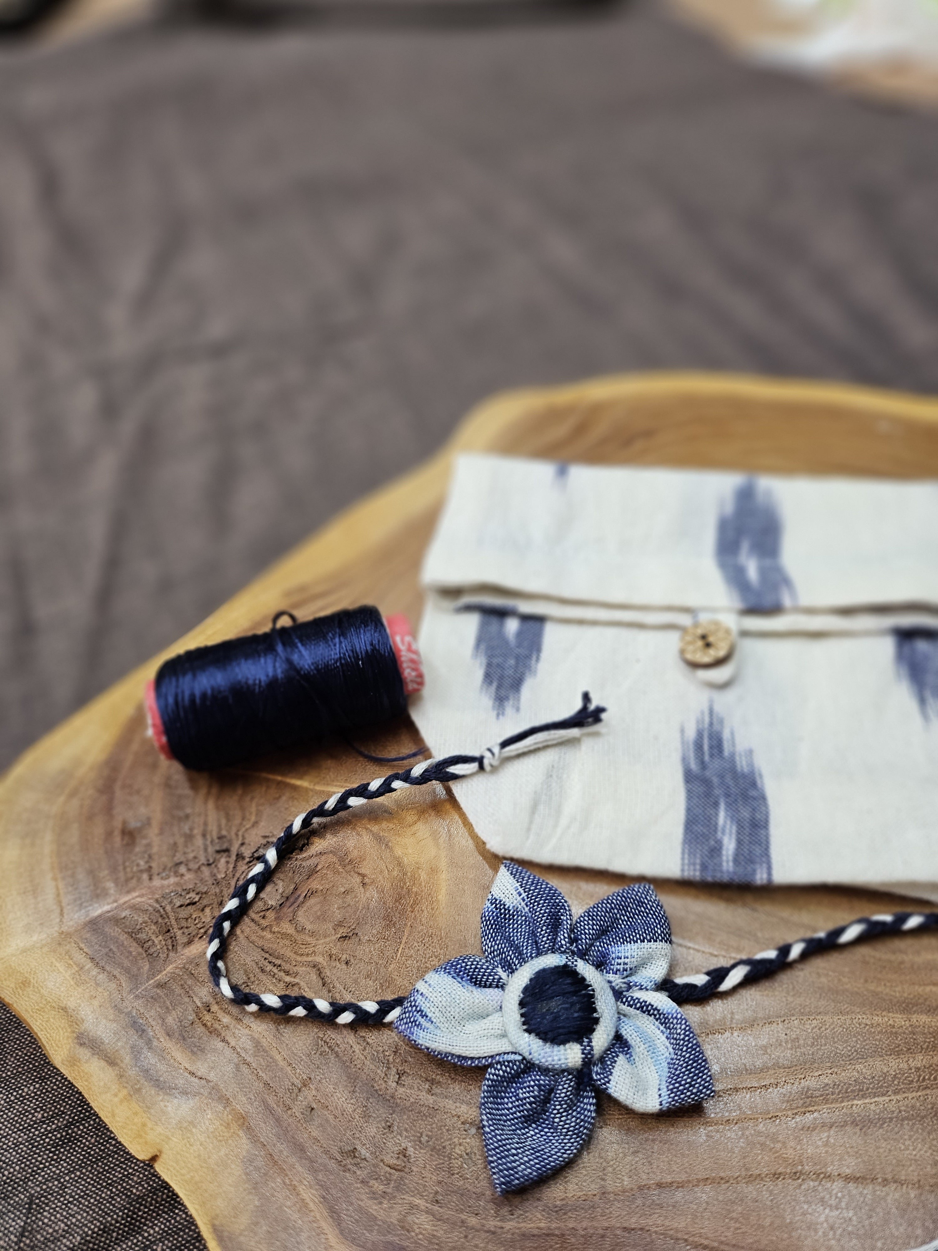 Dark Blue Phulkari Flower Rakhi & Upcycled Ikat Pouch (Set of 2)