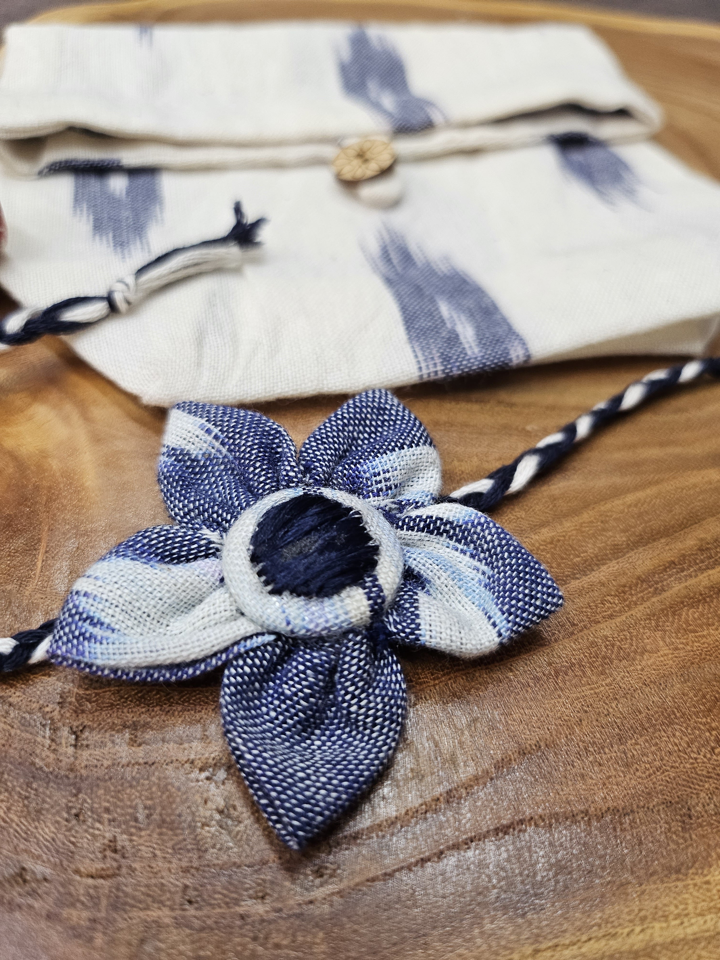 Dark Blue Phulkari Flower Rakhi & Upcycled Ikat Pouch (Set of 2)