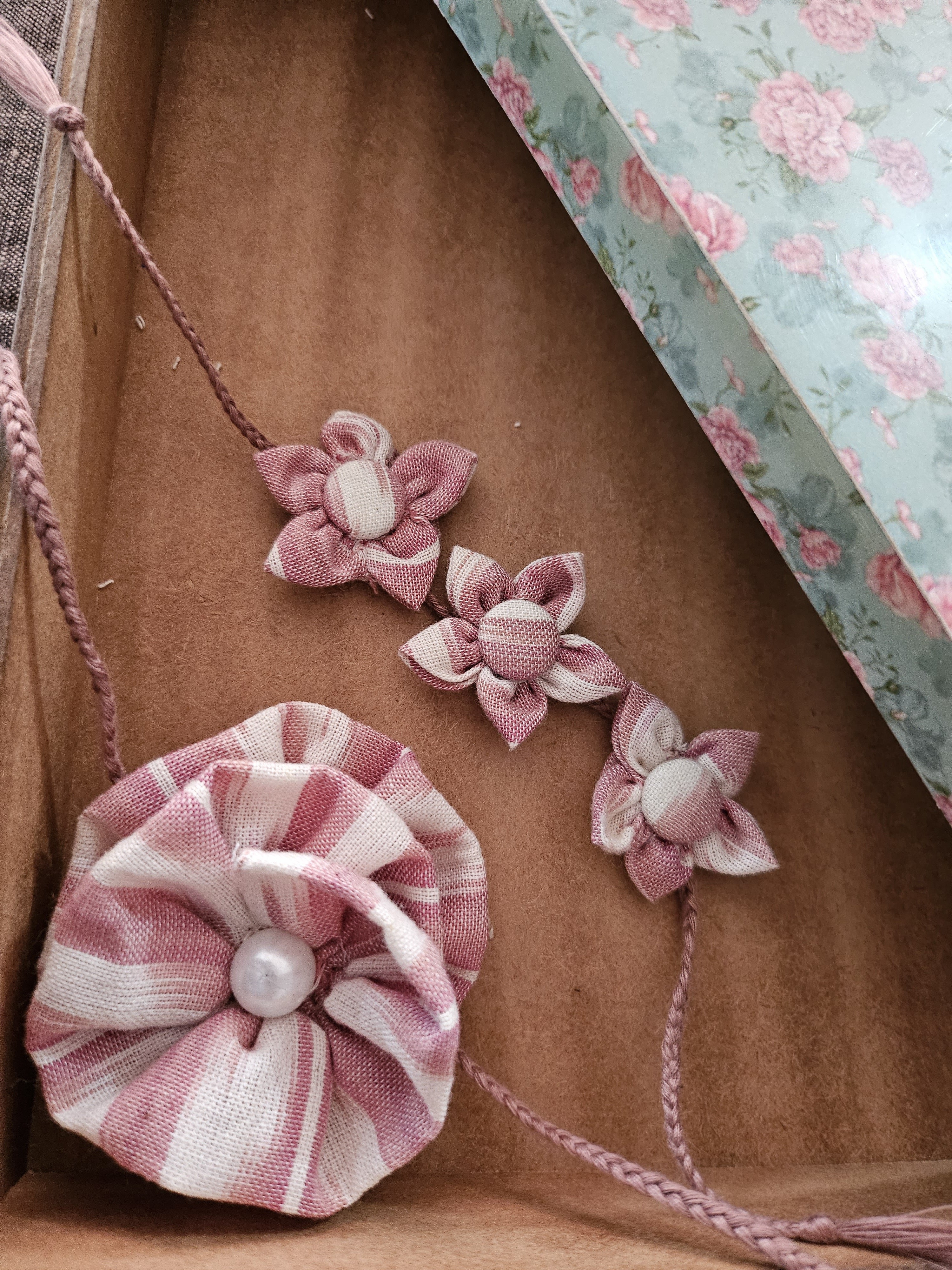 Upcycled Pink Fabric Flower Rakhi & Ikat Pouch (Set of 2)