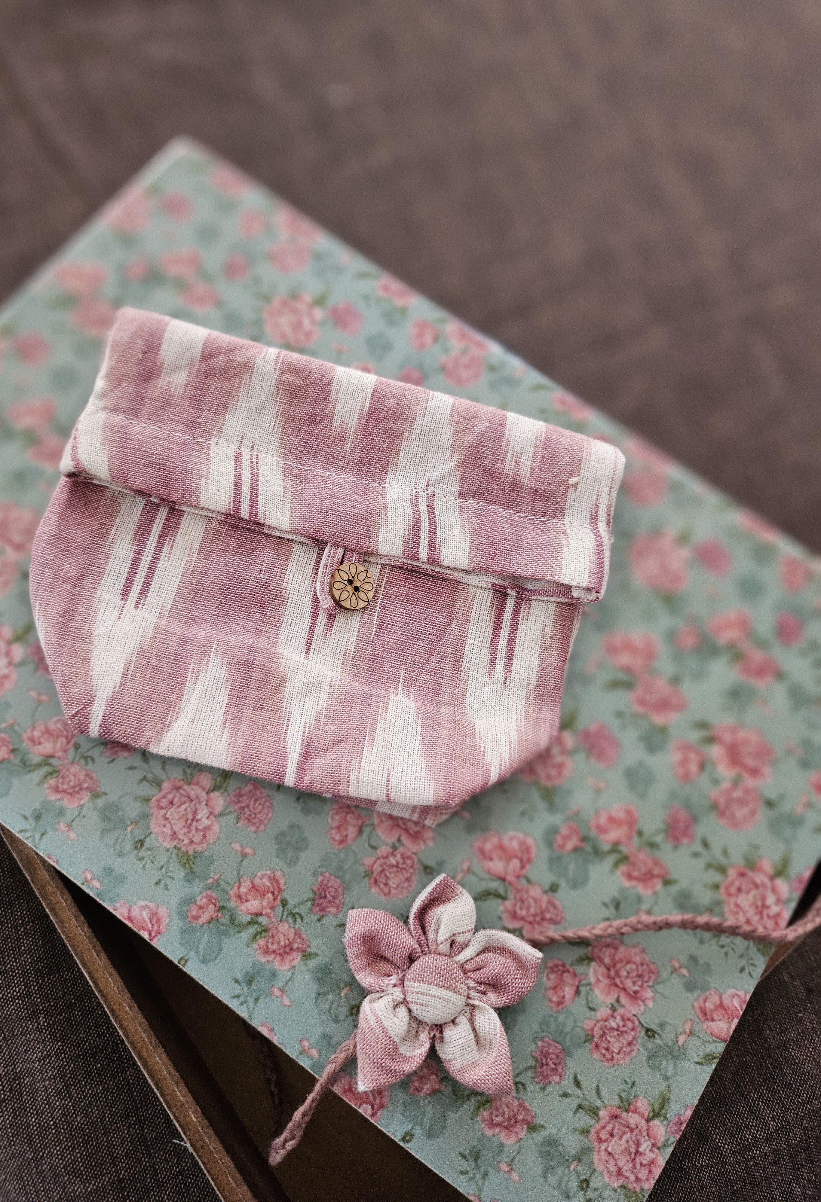 Pink flower Rakhi & Upcycled Ikat Pouch (Set of 2)