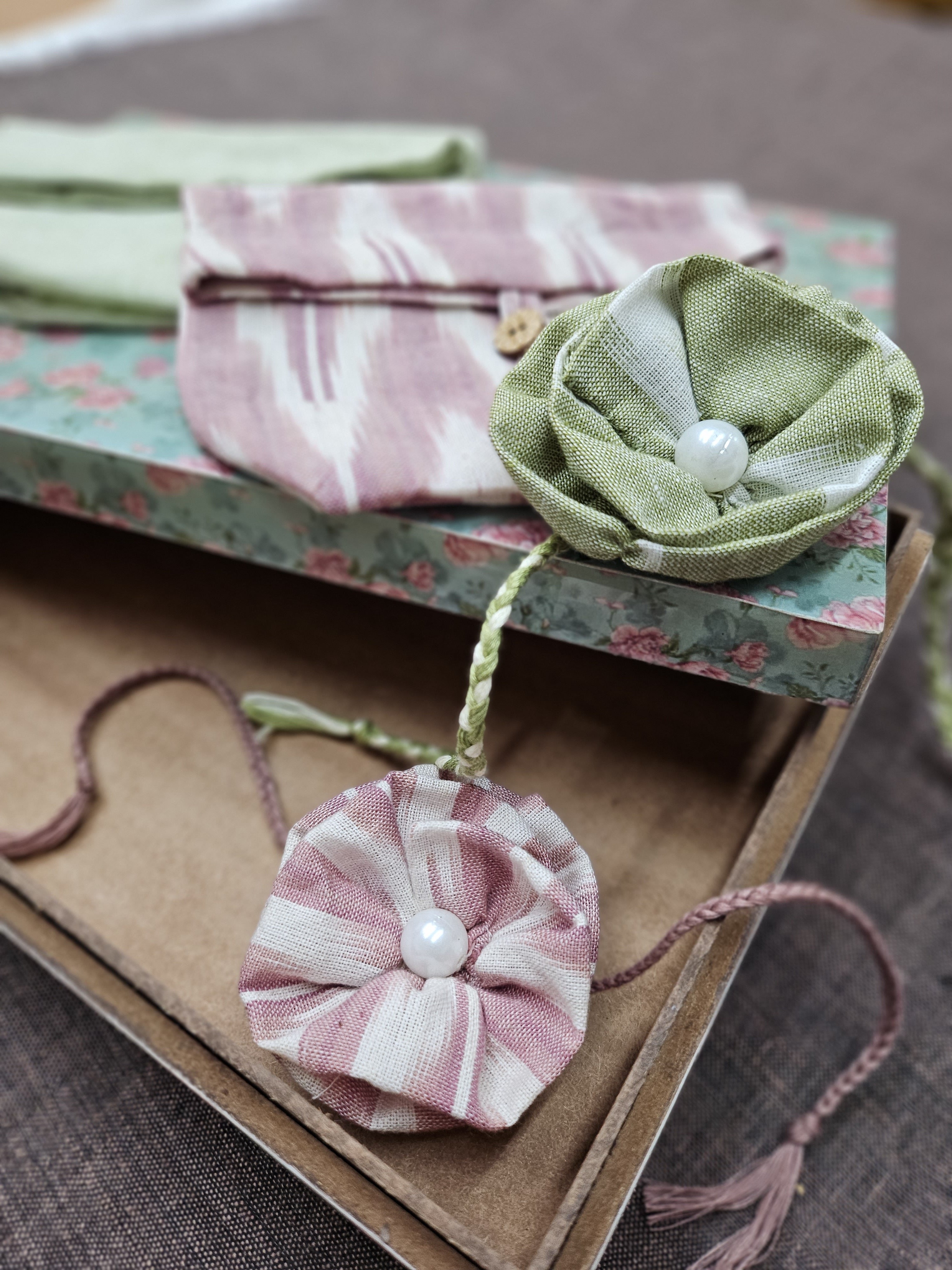 Set of 2 Ruffle Flower Rakhis & 2 Upcycled Pouches (Set of 4)