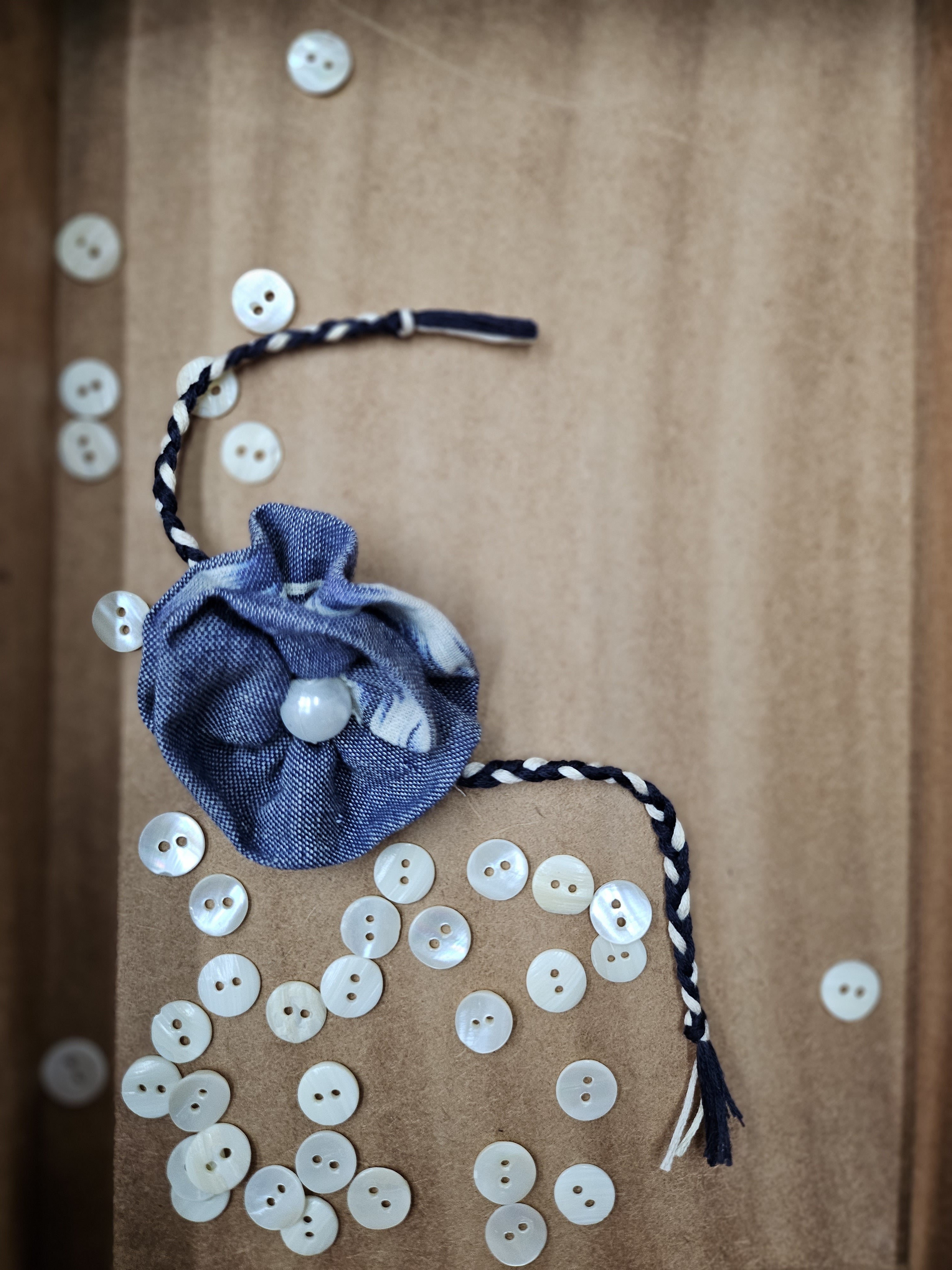 Blue Ruffle Flower Rakhi & Upcycled Ikat Pouch (Set of 2)