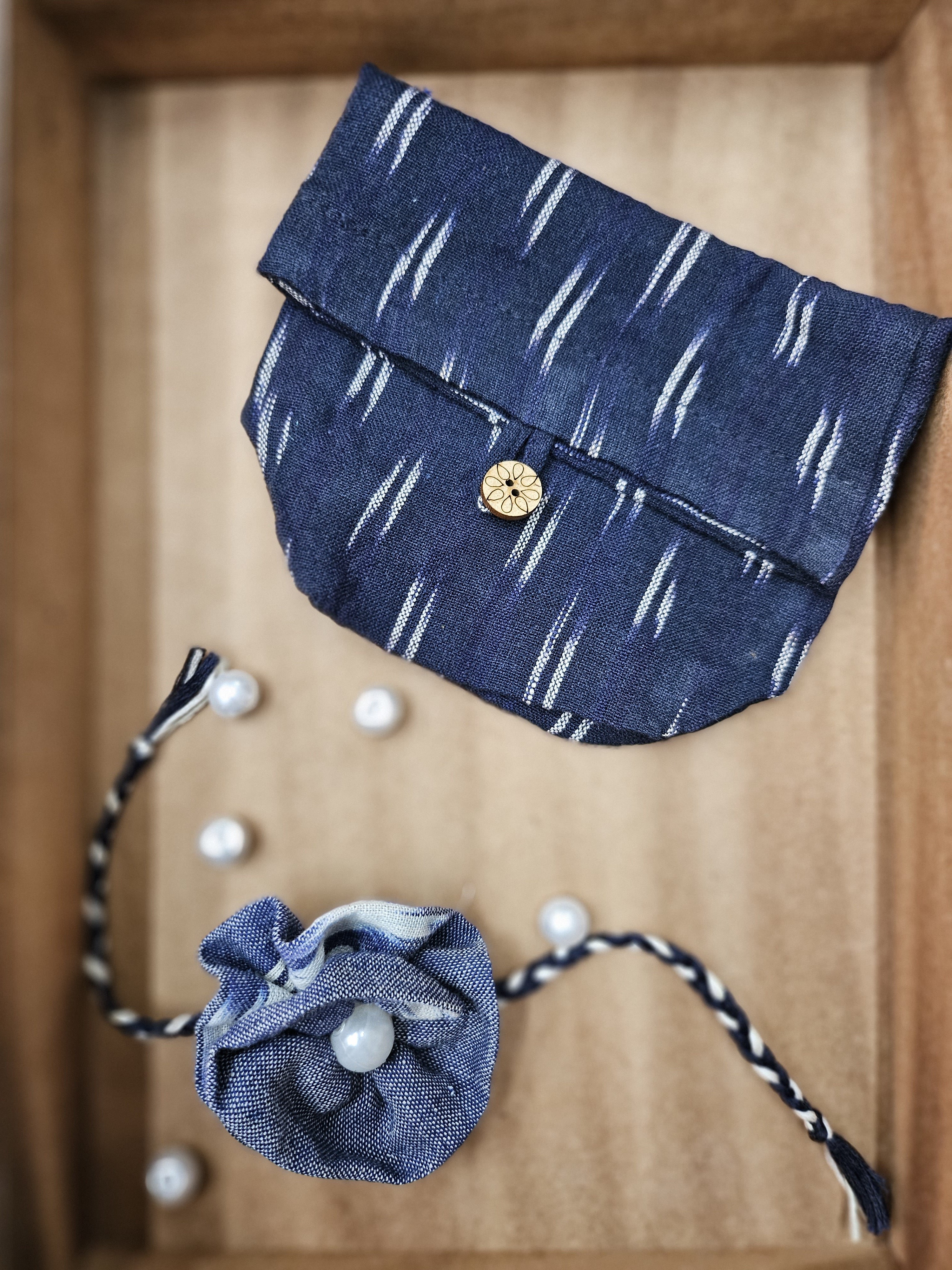 Blue Ruffle Flower Rakhi & Upcycled Ikat Pouch (Set of 2)