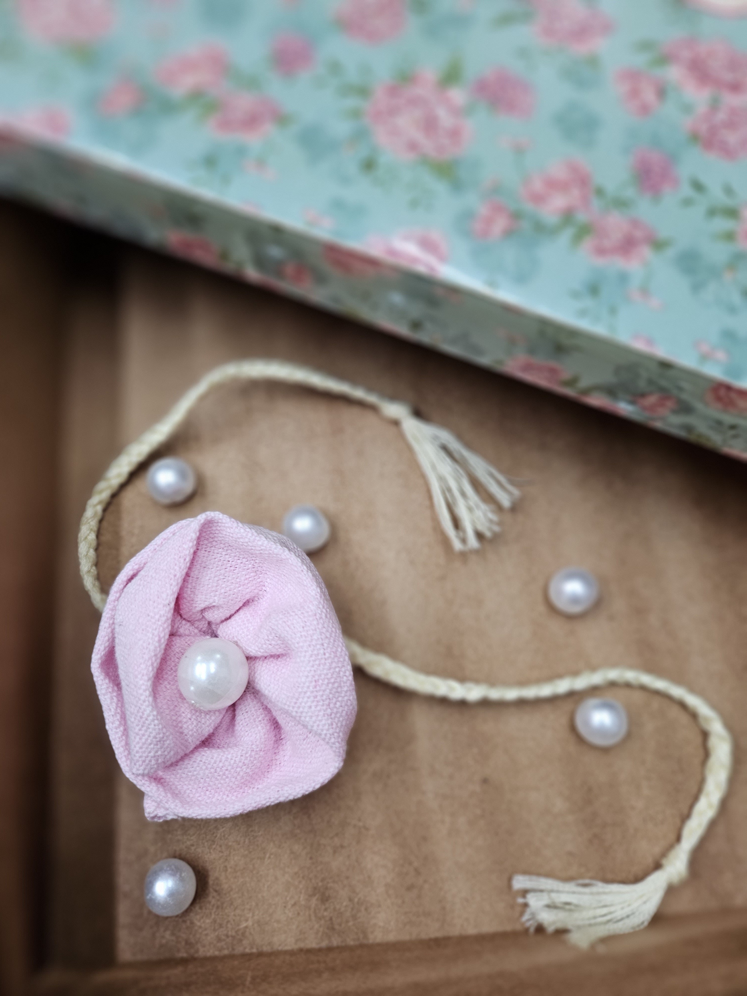 Pink Ruffle Rose Rakhi & Upcycled Pouch (Set of 2)