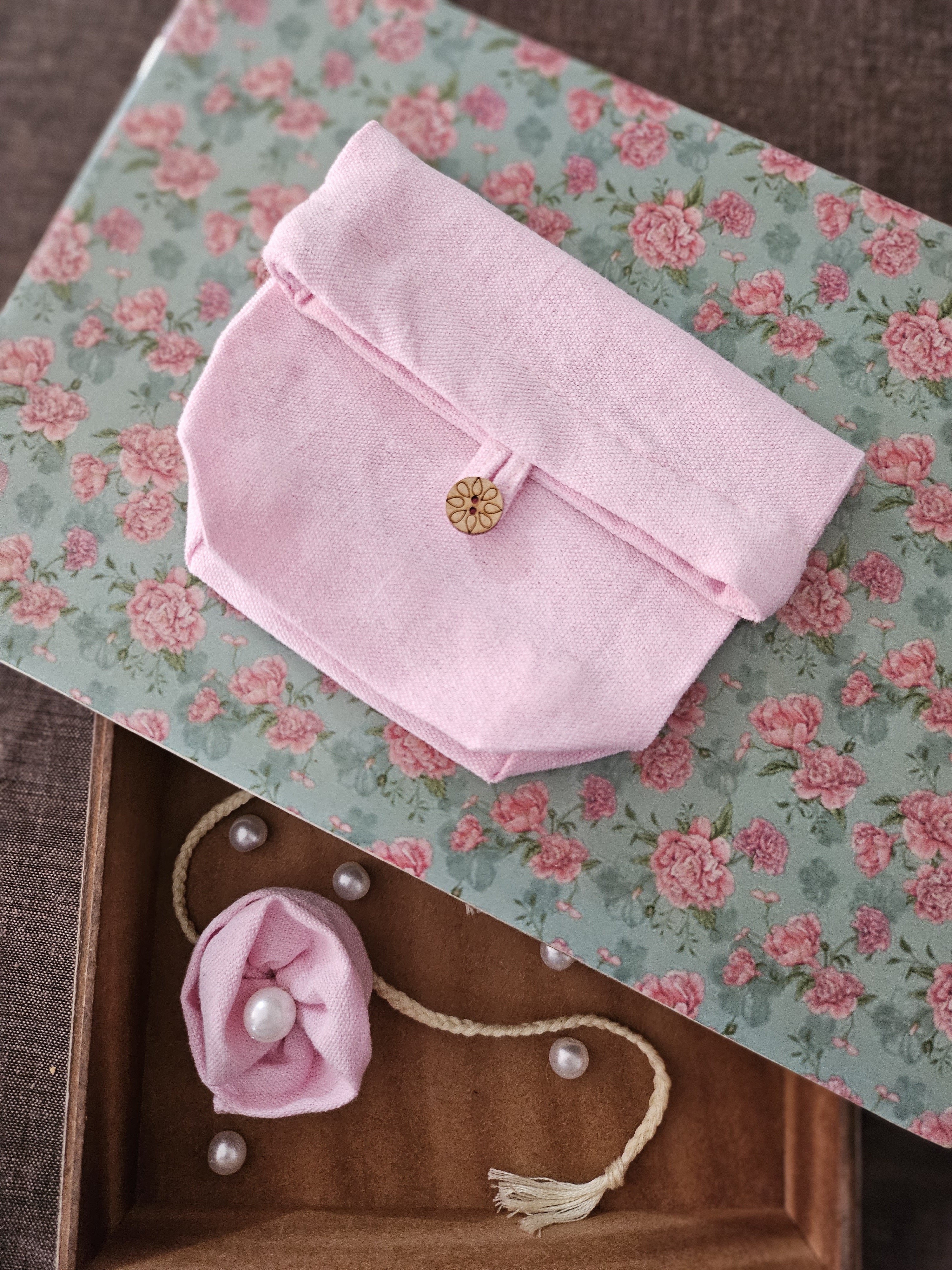 Pink Ruffle Rose Rakhi & Upcycled Pouch (Set of 2)