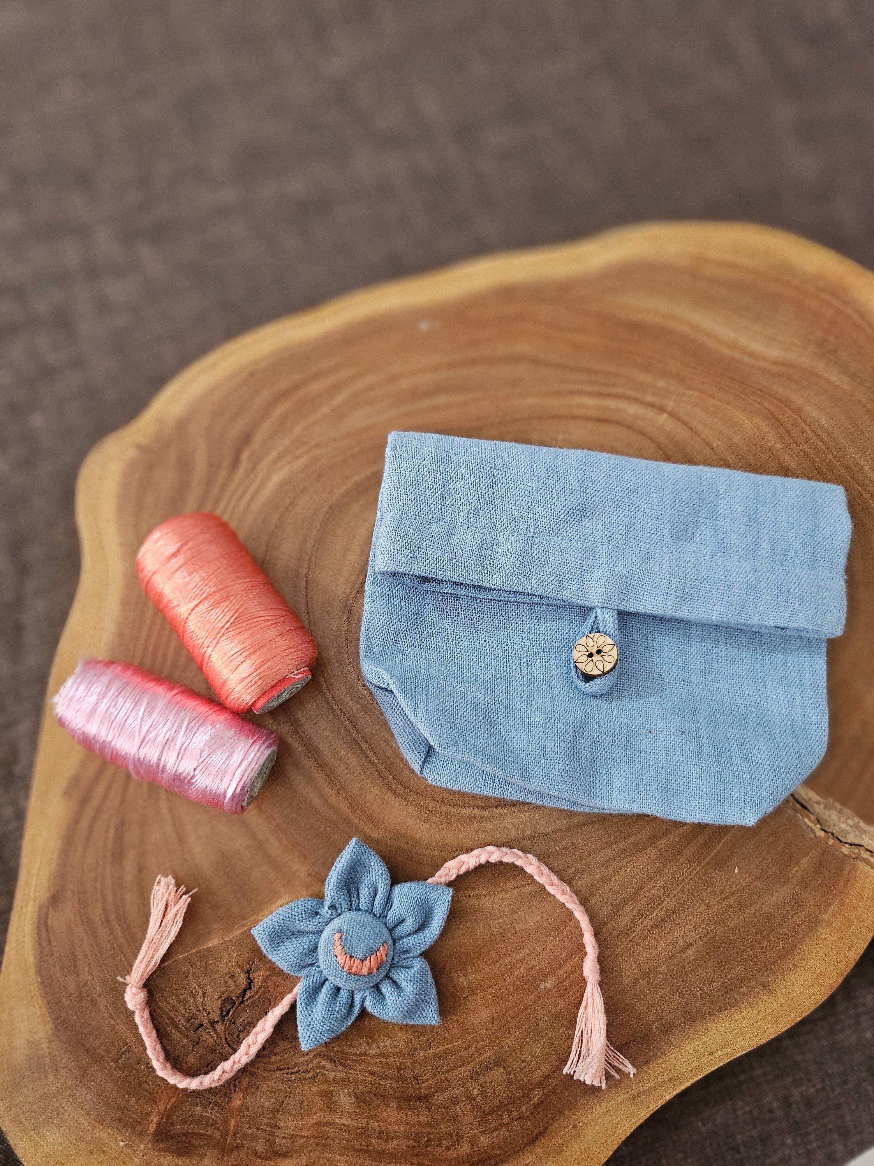 Light Blue Phulkari embroidered flower Rakhi & Upcycled Ikat Pouch (Set of 2)