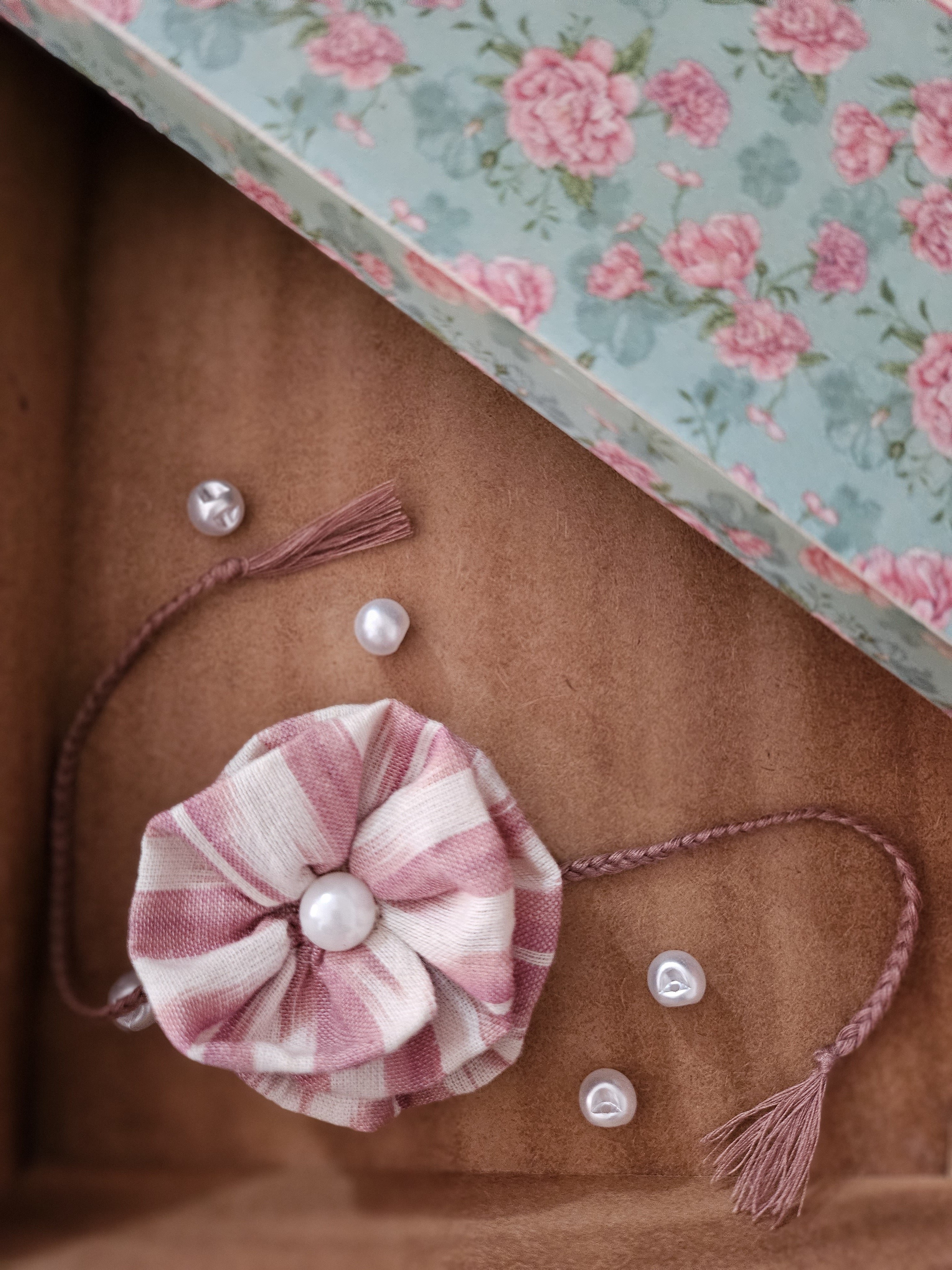 Pink Ruffle Flower Rakhi & Upcycled Ikat Pouch (Set of 2)
