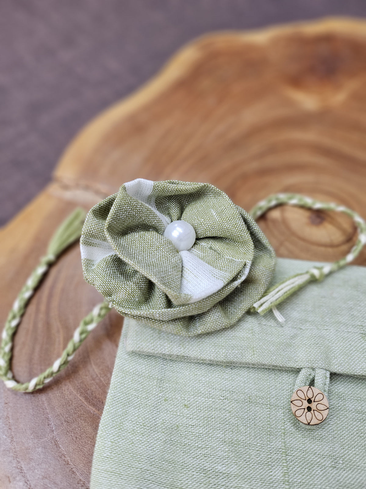 Green Ruffle Flower Rakhi & Upcycled Handwoven Pouch (Set of 2)