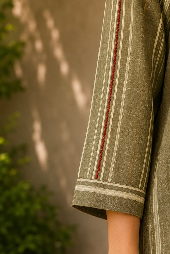 Olive Green Khaddar Cotton Kurta Set with Phulkari Motif