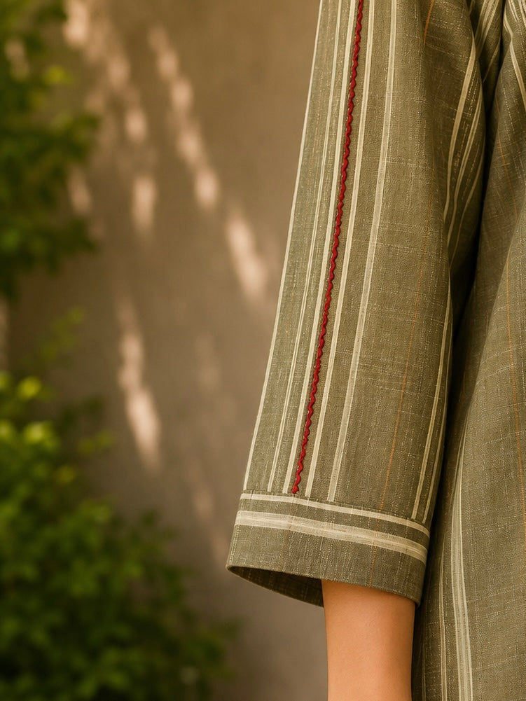 Olive Green Khaddar Cotton Kurta Set with Phulkari Motif
