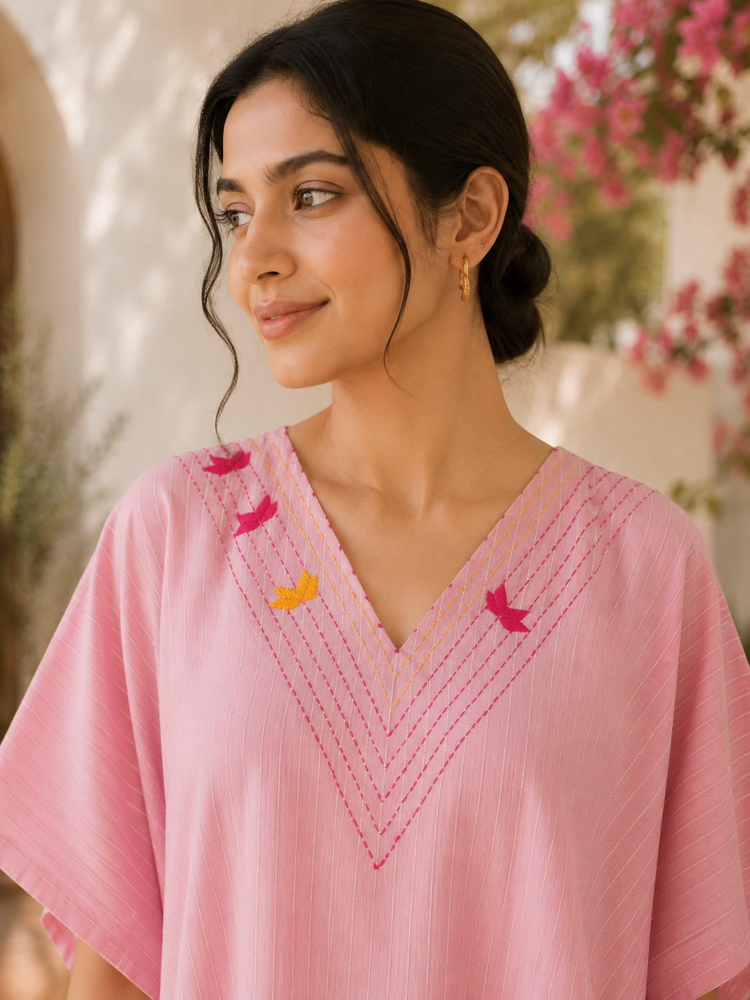 Soft Pink 100% Cotton Khaddar Kaftan with Hand-Embroidered Phulkari