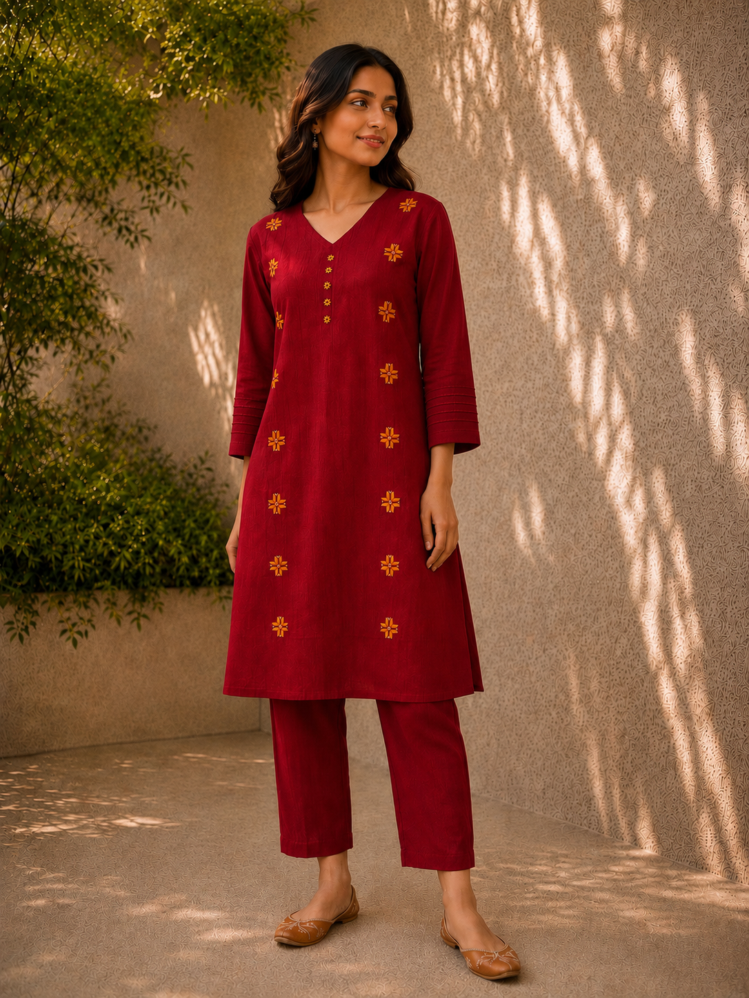 Classic Red Cotton Kurta with Hand-Embroidered Yellow Phulkari Motifs