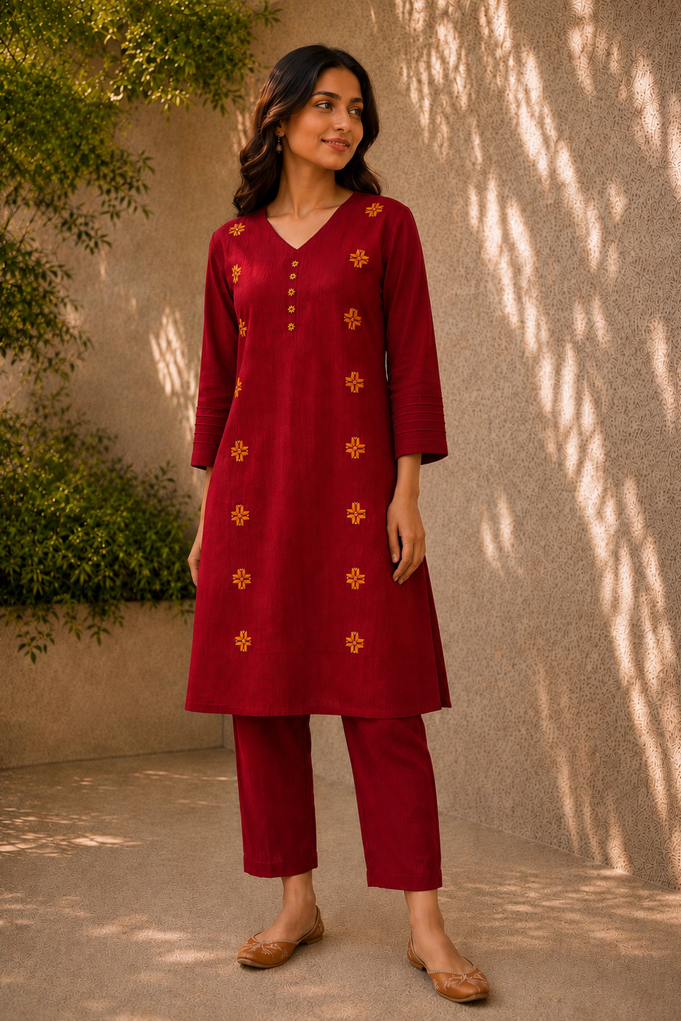 Red Hand-Embroidered Phulkari Cotton Kurta with Yellow Motifs