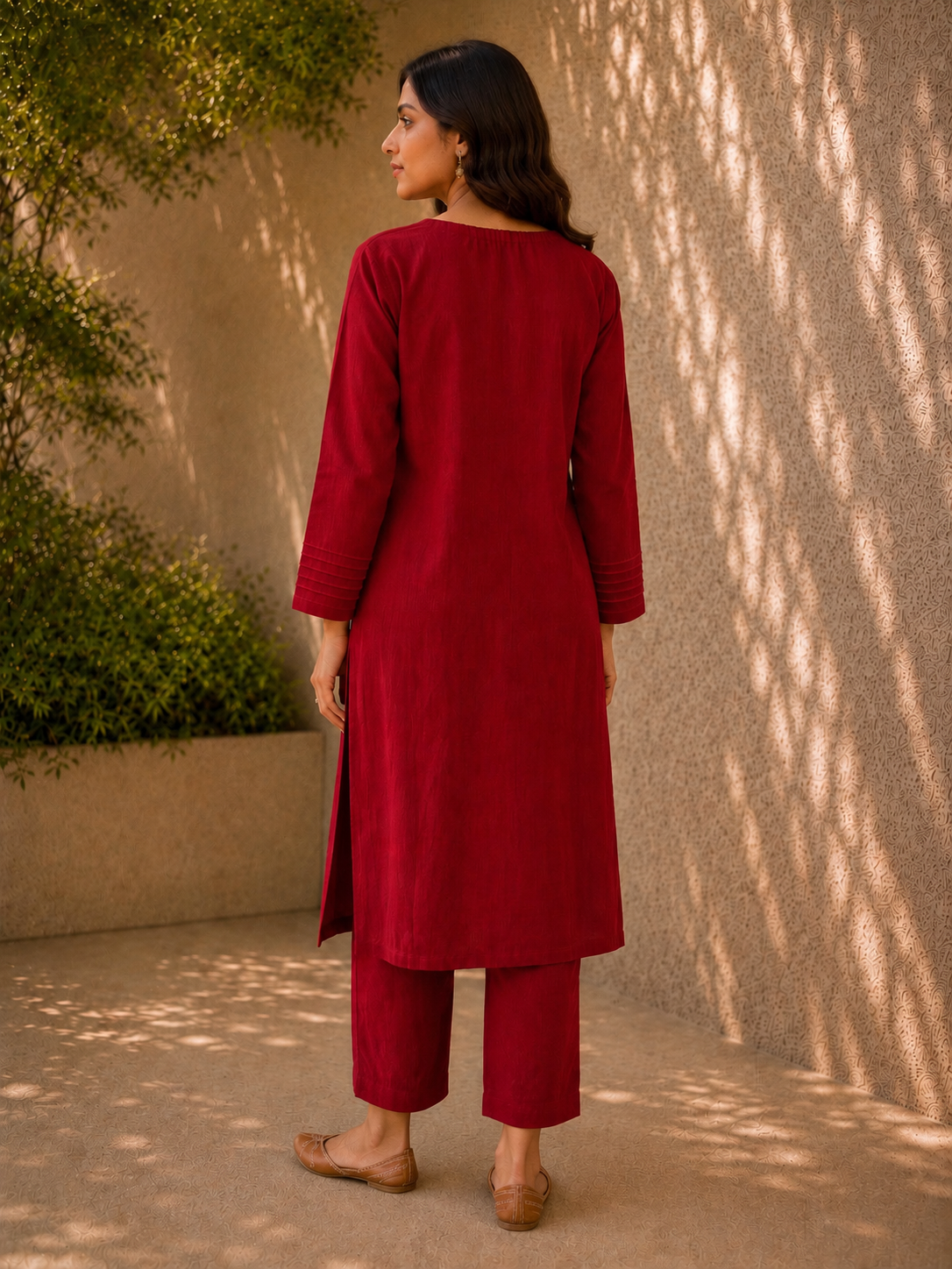 Classic Red Cotton Kurta with Hand-Embroidered Yellow Phulkari Motifs