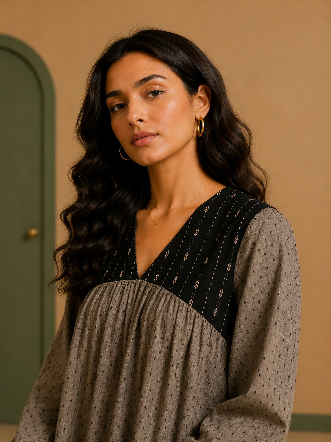 Grey Cotton Dobby Dress with Contrast Yoke
