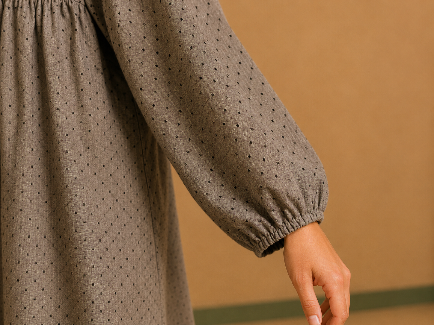 Grey Cotton Dobby Dress with Contrast Yoke