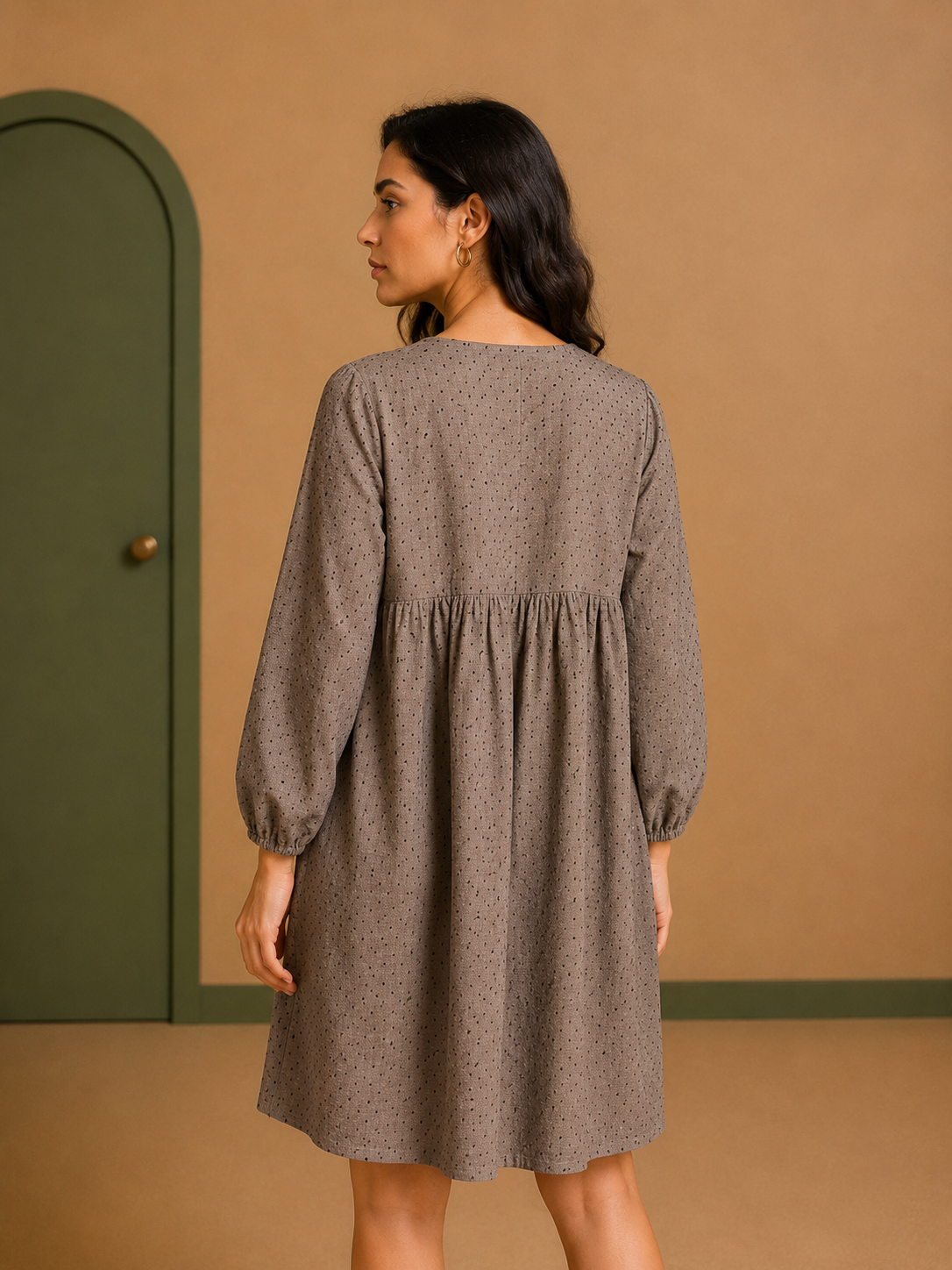 Grey Cotton Dobby Dress with Contrast Yoke