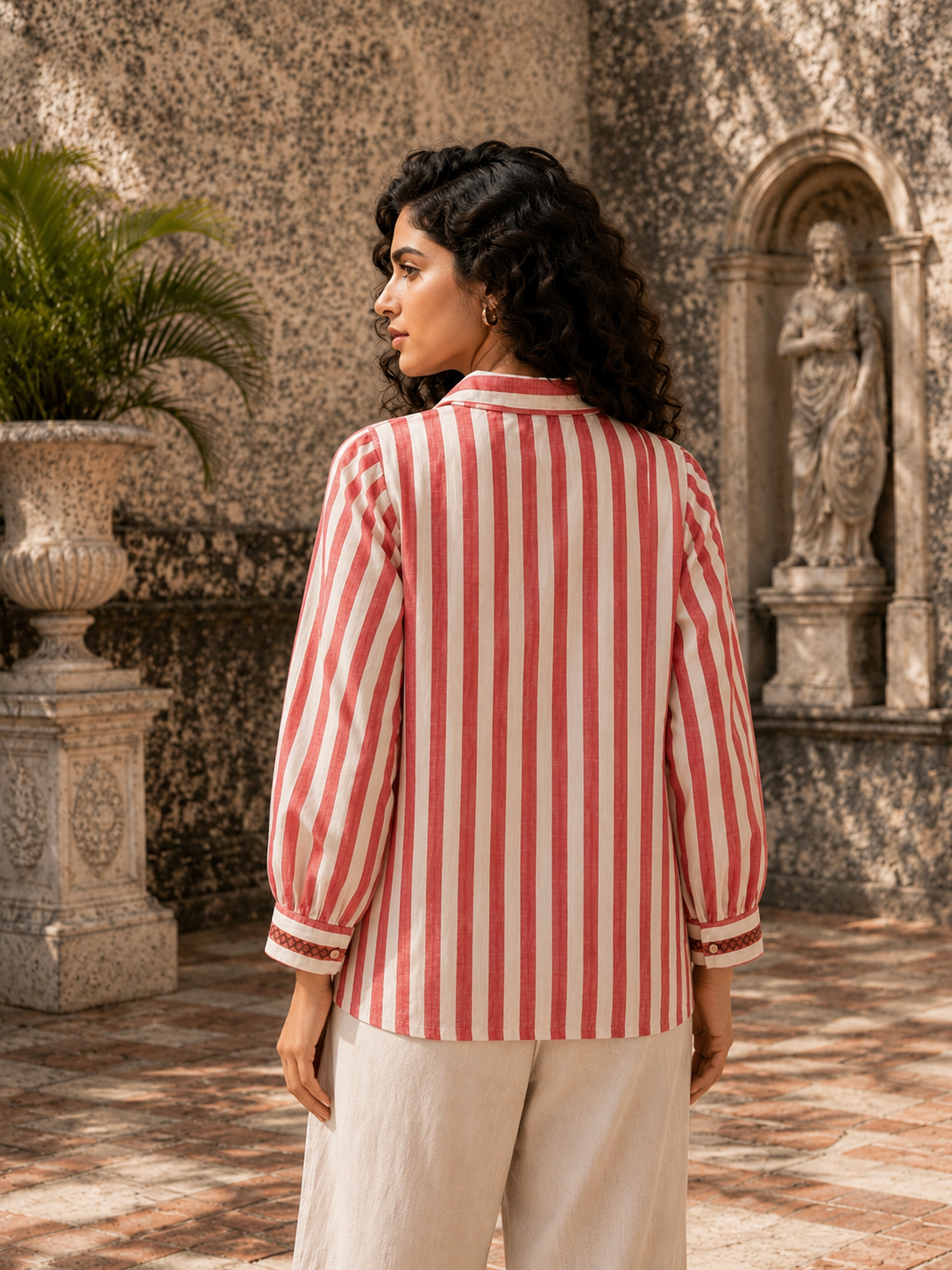 Pink Striped Cotton Khaddar Shirt with Hand-Embroidered Phulkari Pocket