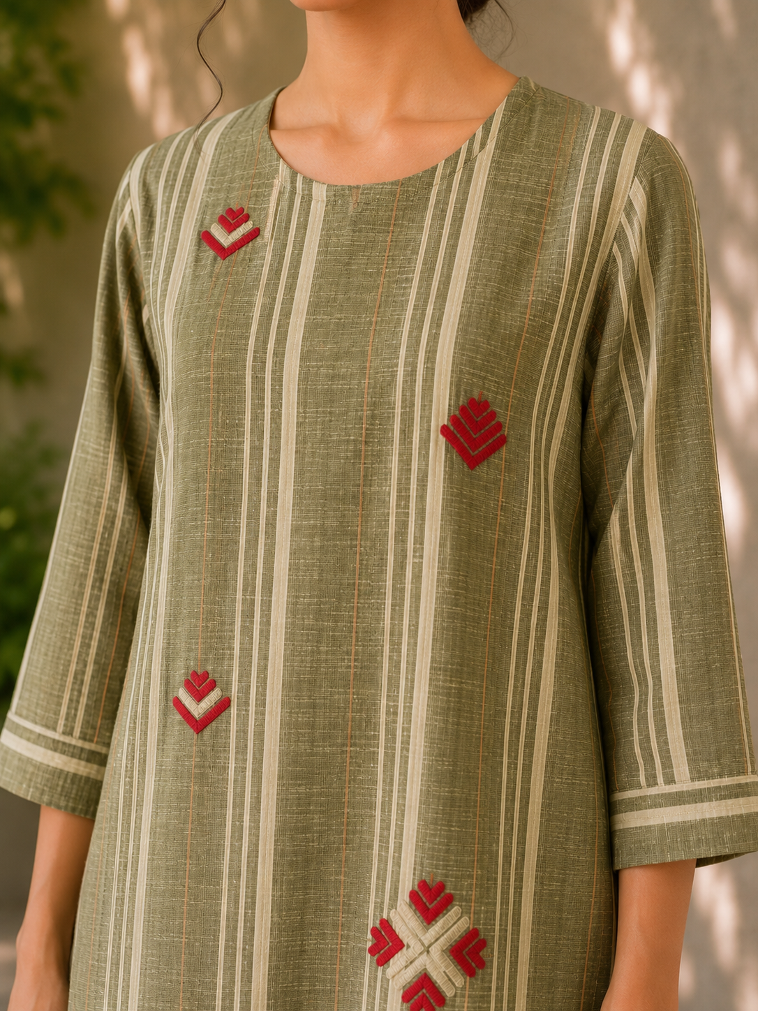 Olive Green Khaddar Cotton Kurta Set with Phulkari Motif