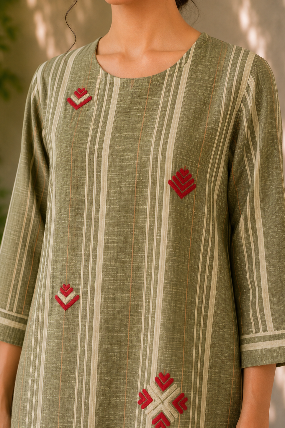 Olive Green Khaddar Cotton Kurta Set with Phulkari Motif