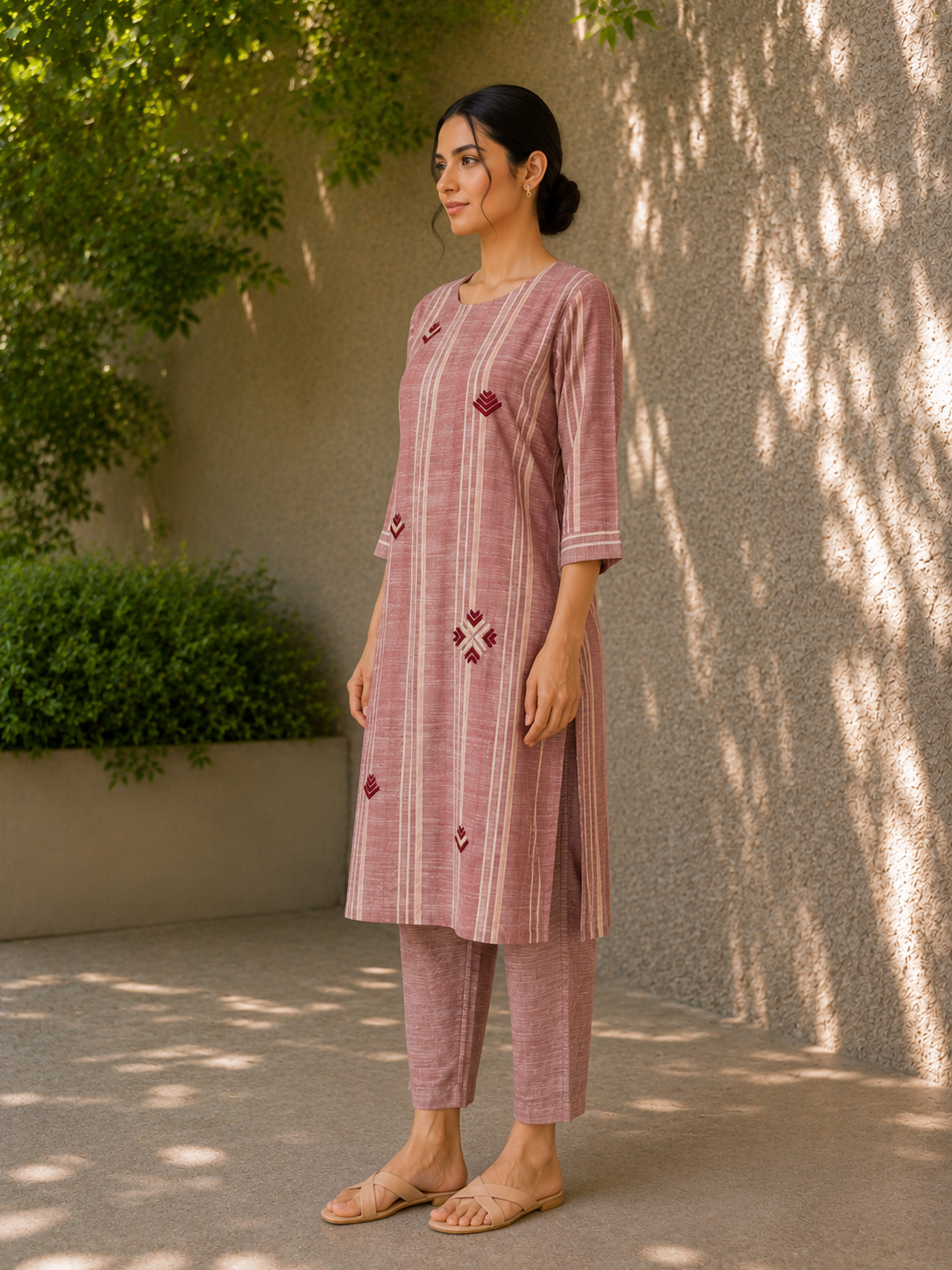 Rose Khaddar Cotton Kurta Set with Phulkari Motif