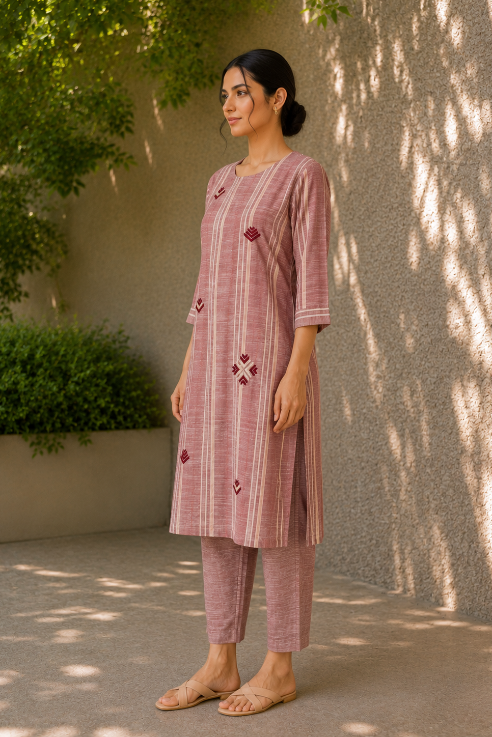 Rose Hand-Embroidered Phulkari Khaddar Kurta Set