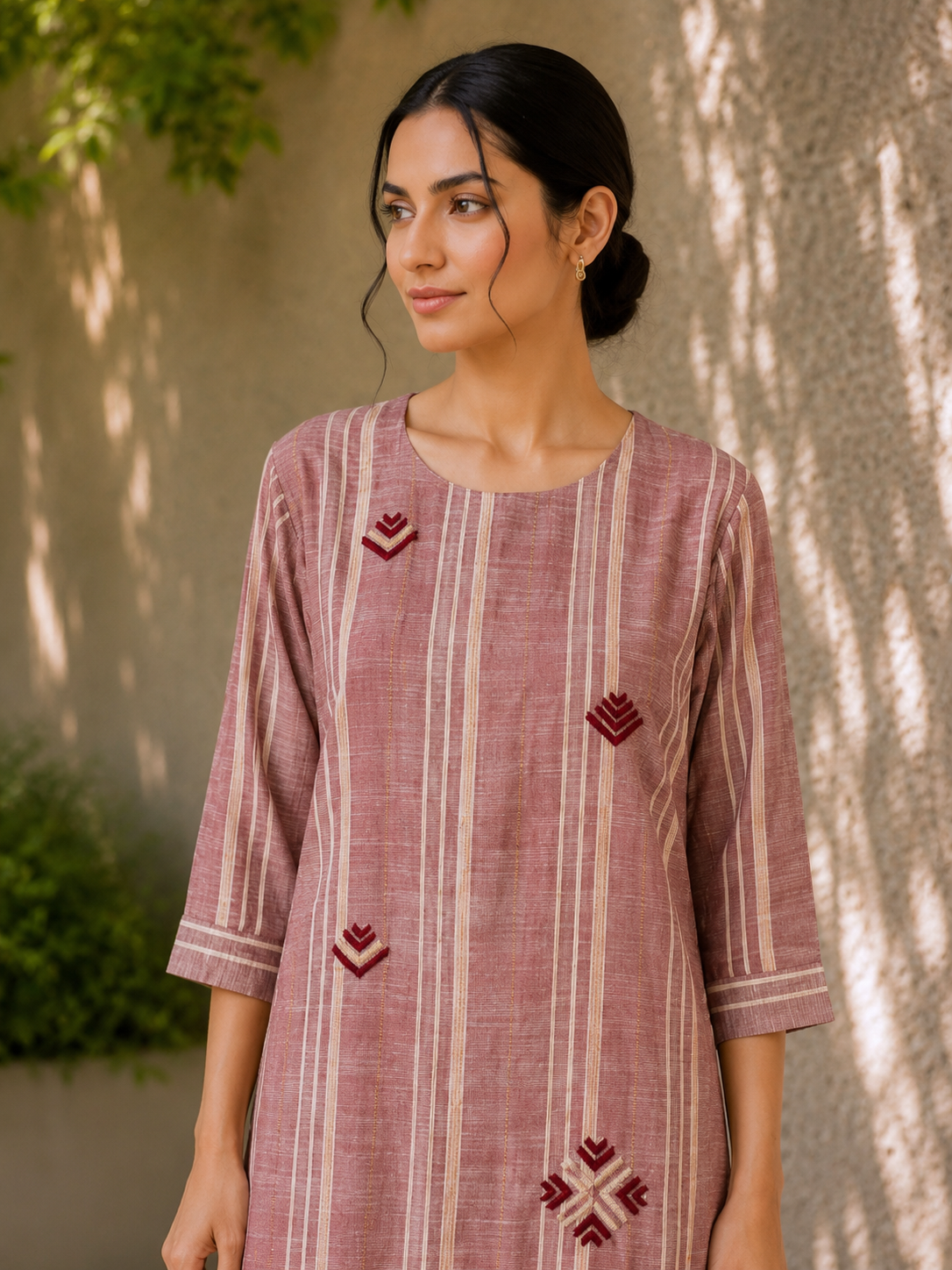 Rose Khaddar Cotton Kurta Set with Phulkari Motif
