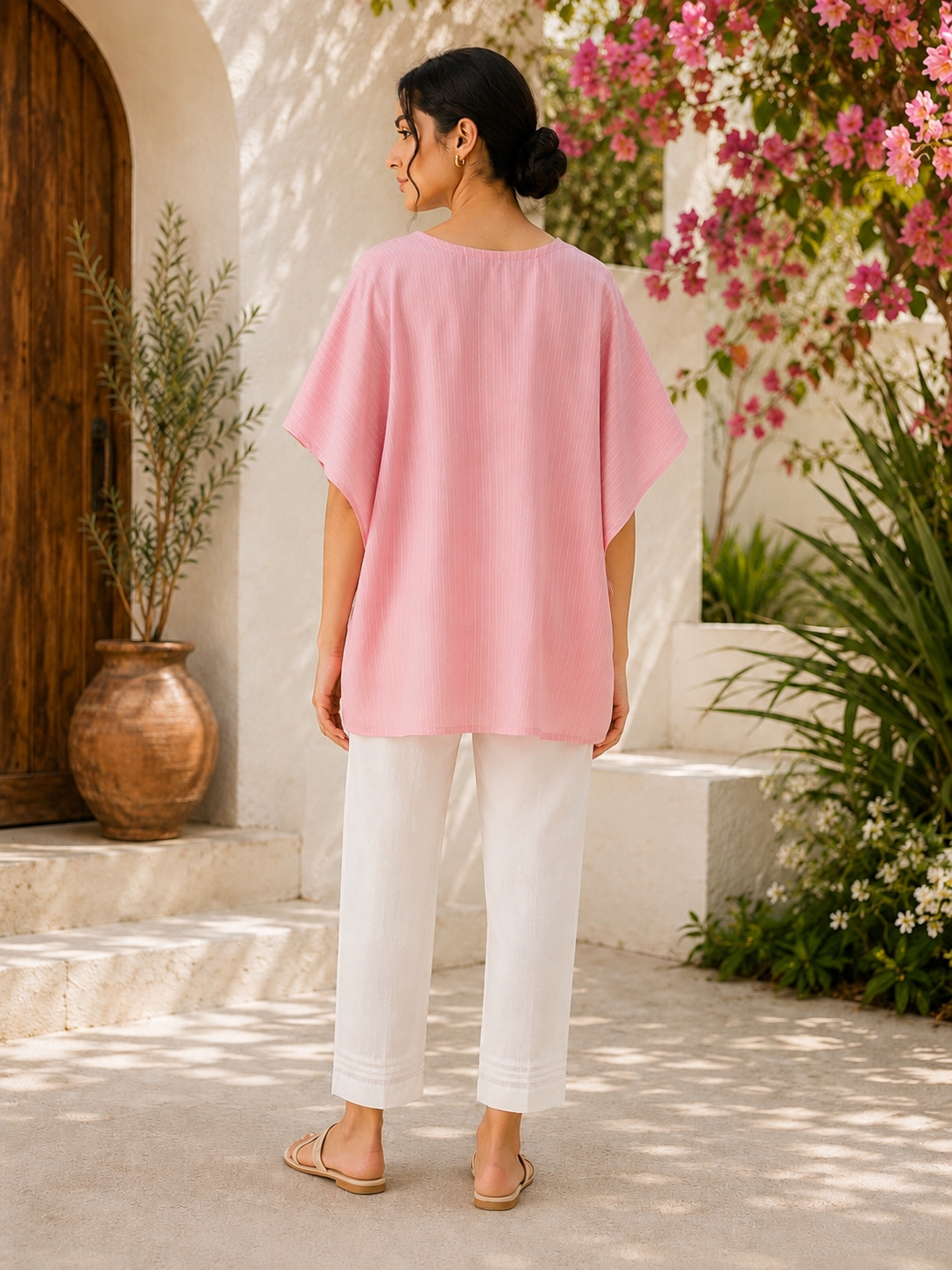 Soft Pink 100% Cotton Khaddar Kaftan with Hand-Embroidered Phulkari