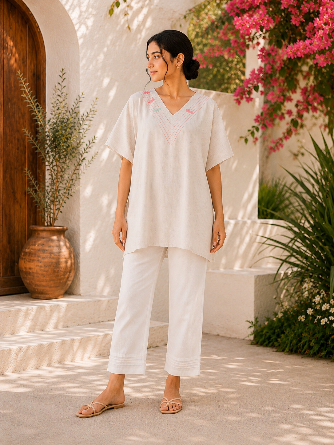 White 100% Cotton Khaddar Kaftan with Hand-Embroidered Phulkari