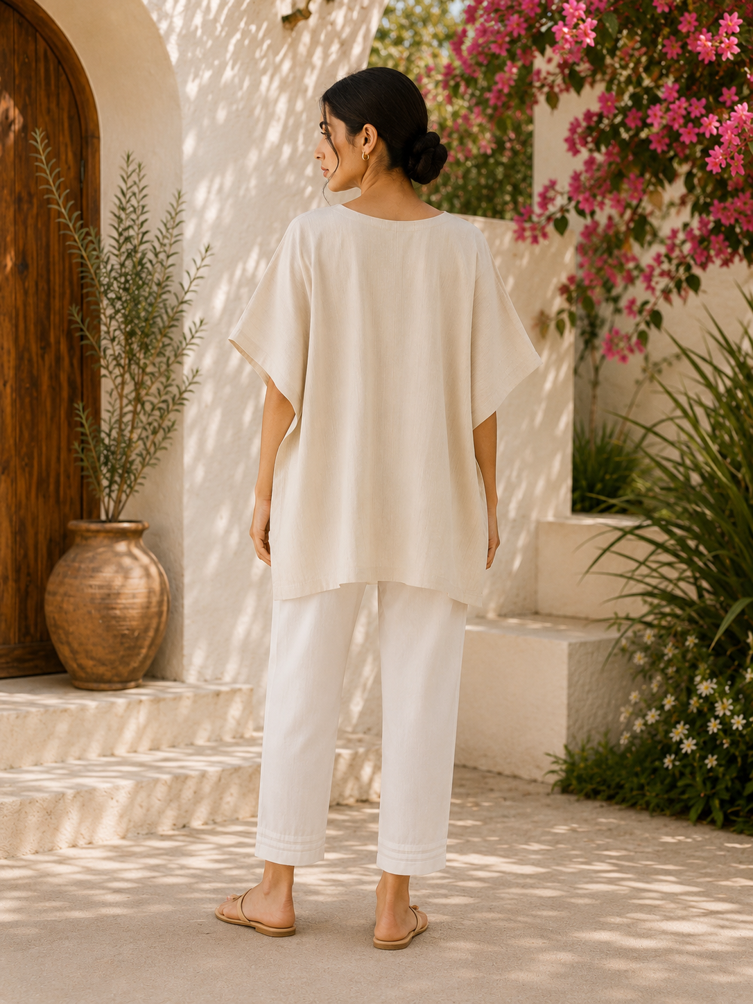 White 100% Cotton Khaddar Kaftan with Hand-Embroidered Phulkari